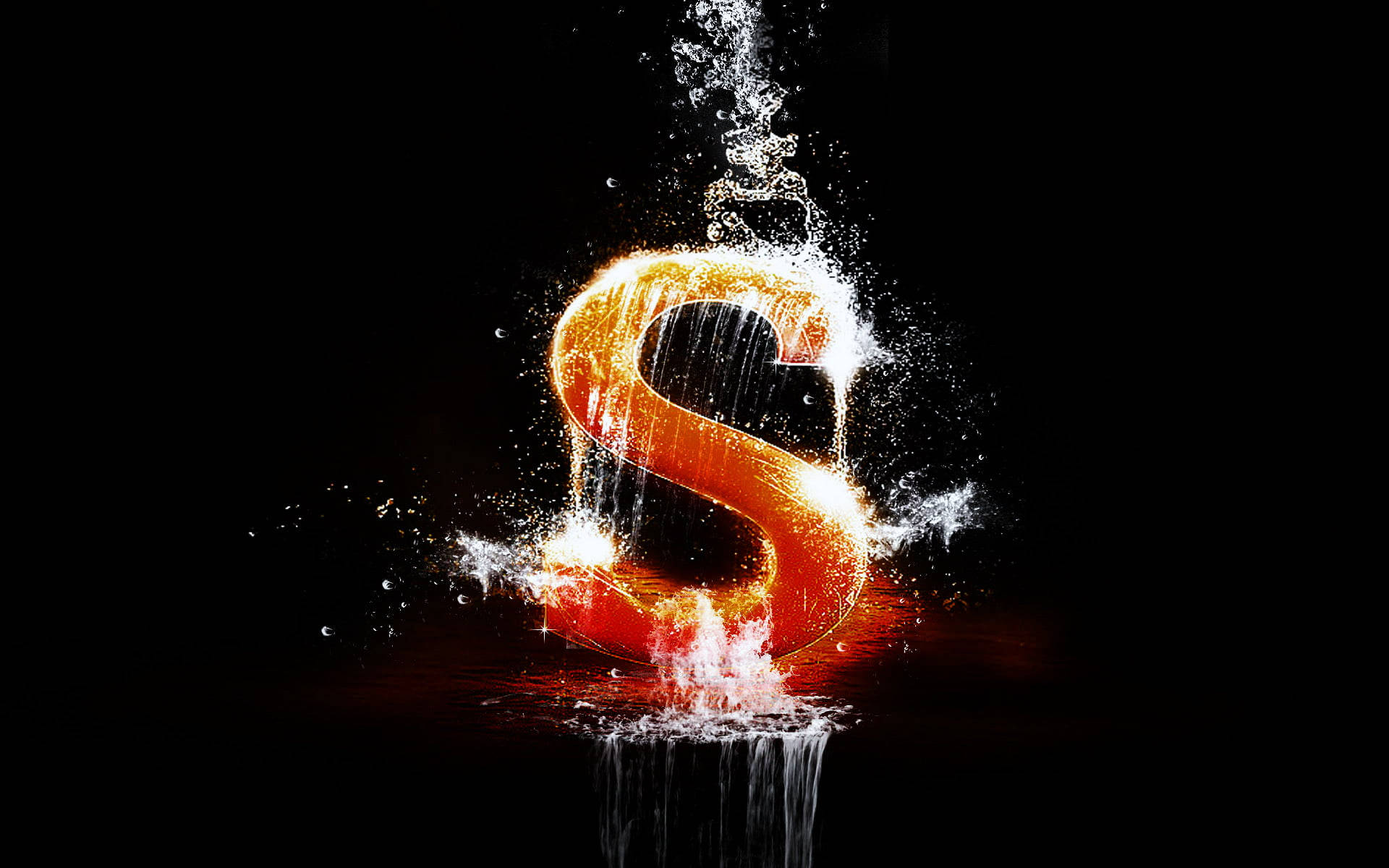 water splash, fiery orange letter S, black background, Full HD Desktop Wallpaper