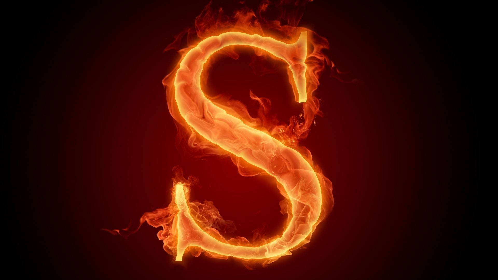 flaming letter S, glowing orange flames, dark red background, Full HD Desktop Wallpaper