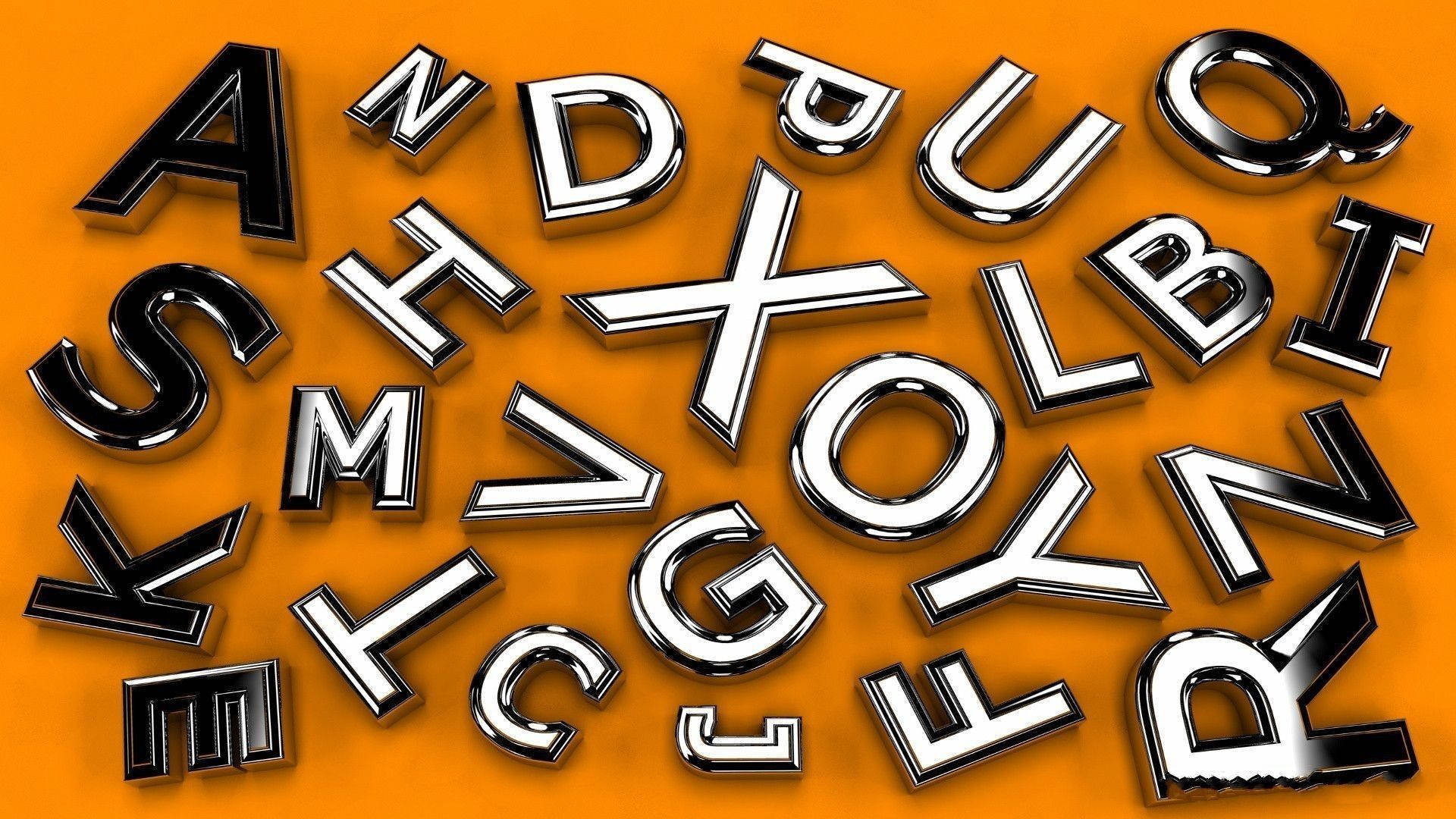 silver alphabets, chrome letters, vibrant orange background, Full HD Desktop Wallpaper