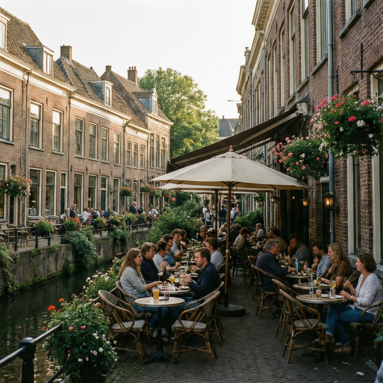 canal terrace, s-Hertogenbosch, flowers, HD Desktop Wallpaper