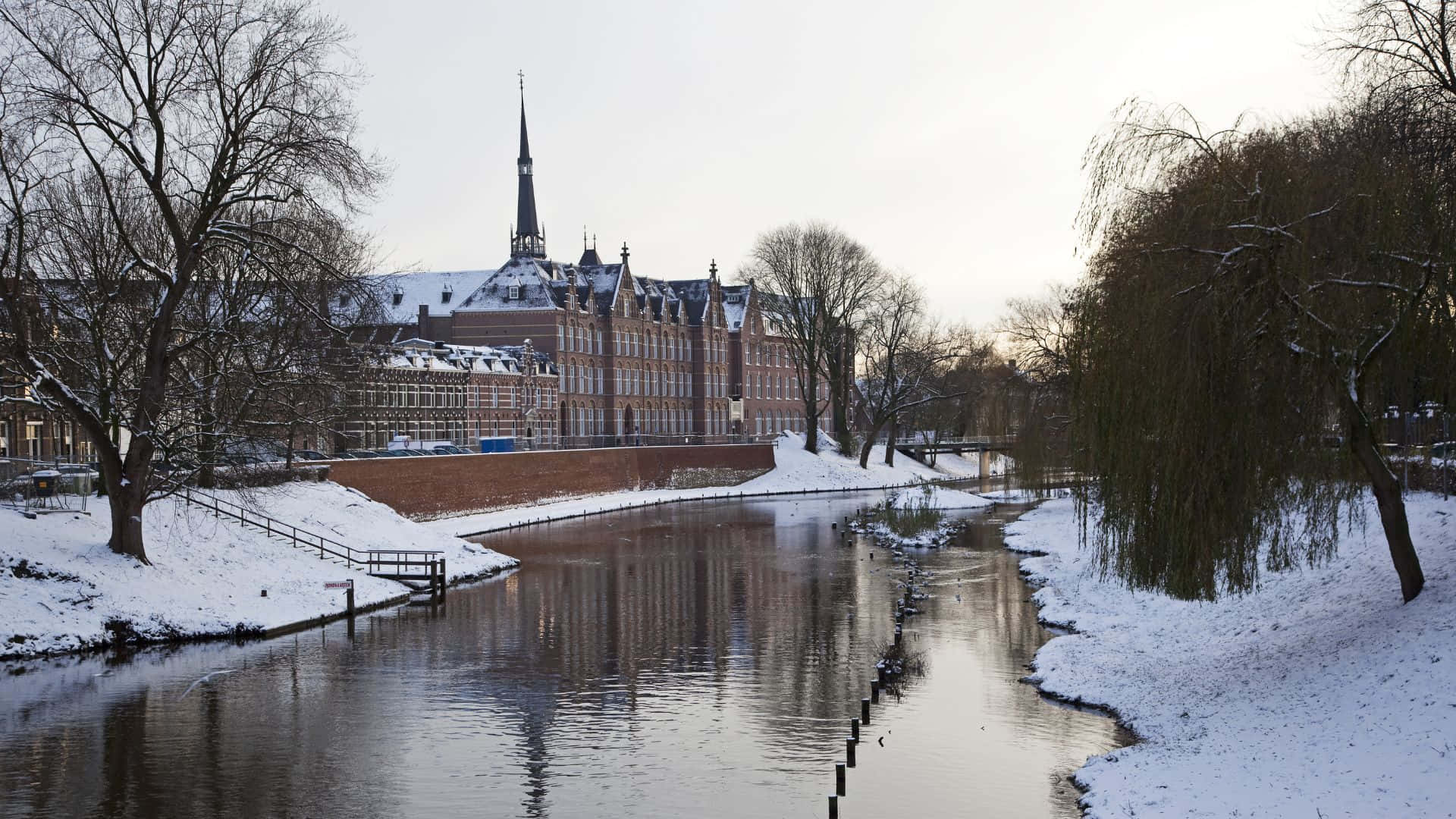 S-hertogenbosch, canal, snow, Full HD Desktop Wallpaper