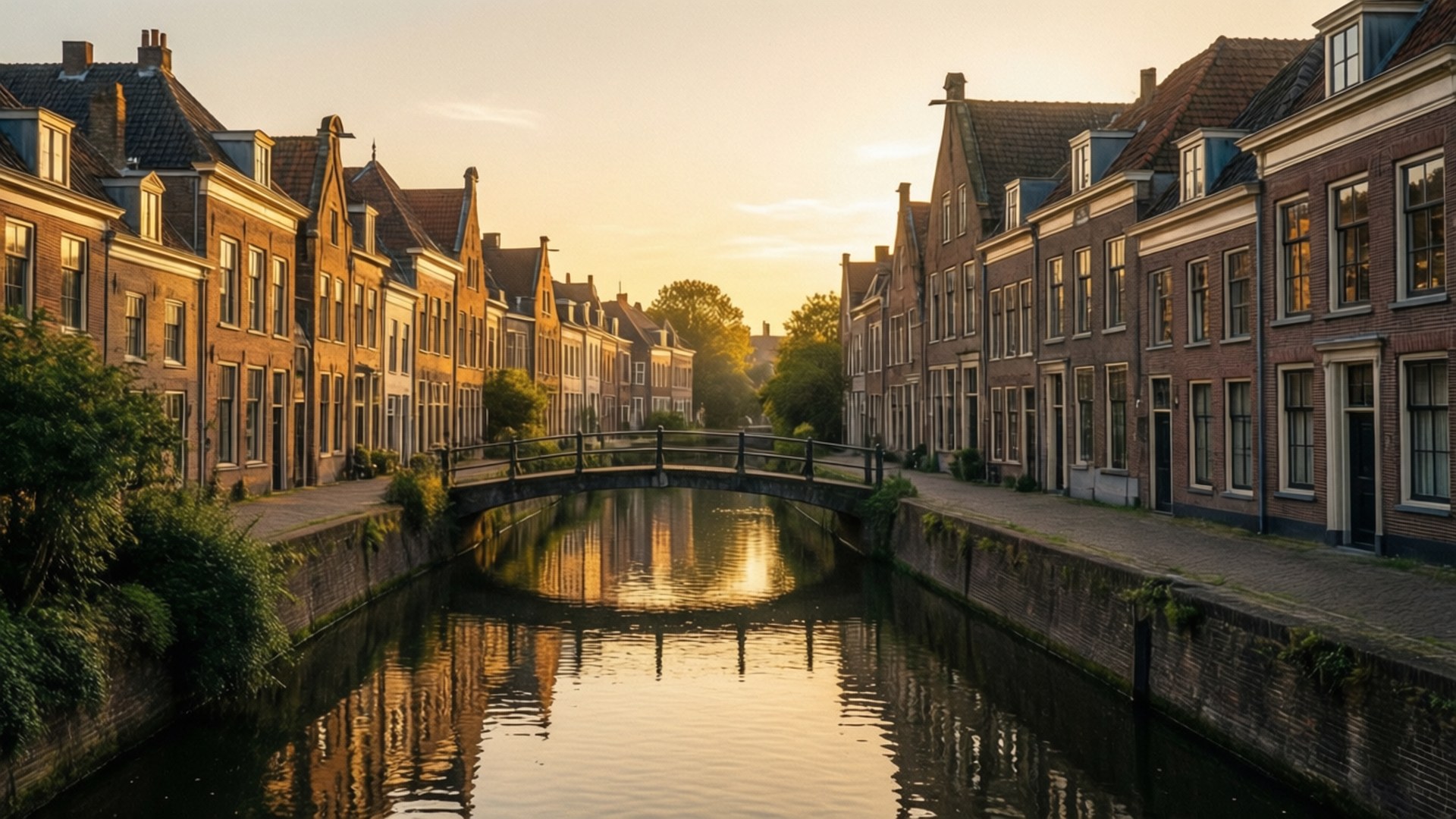 golden hour, canal scene, s-Hertogenbosch, Full HD Desktop Wallpaper