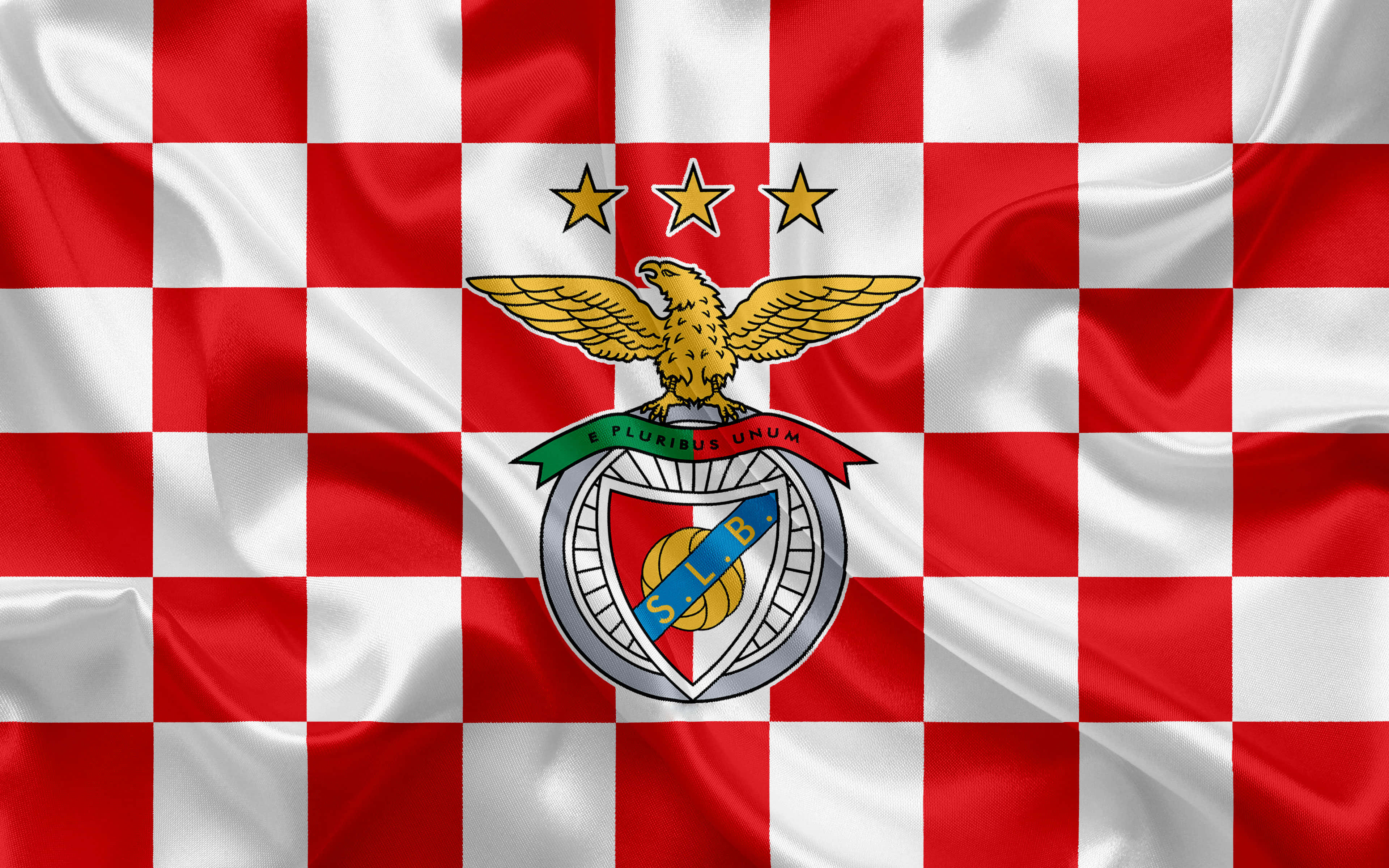 S.l. Benfica, red and white checkered flag, golden eagle crest, 4K Desktop Wallpaper