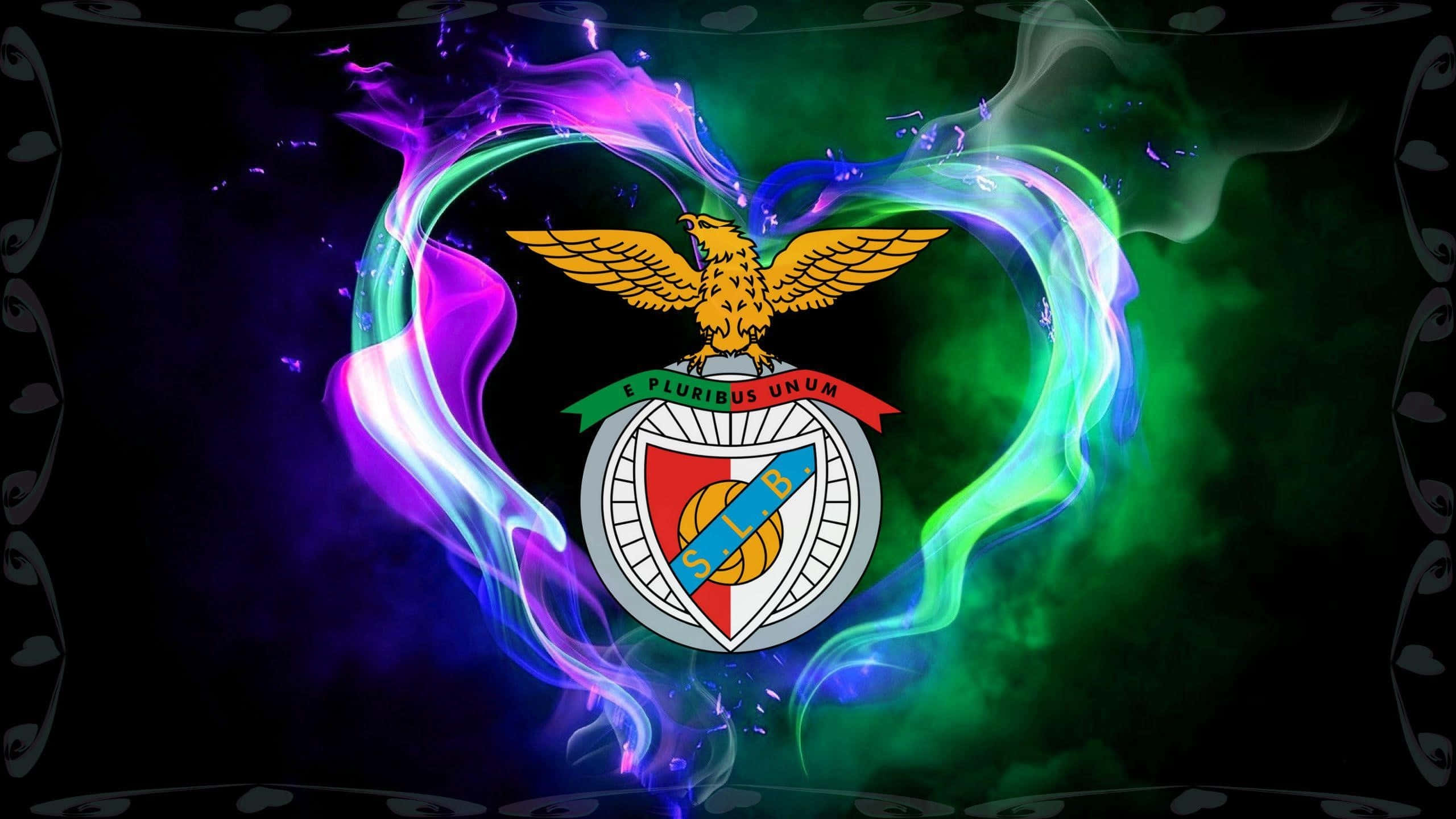 S L Benfica Logo, golden eagle emblem, vibrant purple and green neon energy swirls, 2K Desktop Wallpaper