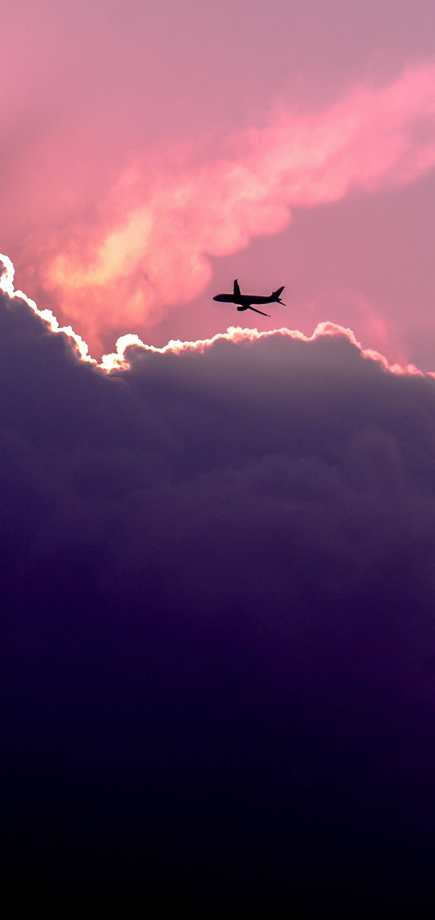 S10, Pink Sky, Airplane Silhouette, 2K Phone Wallpaper