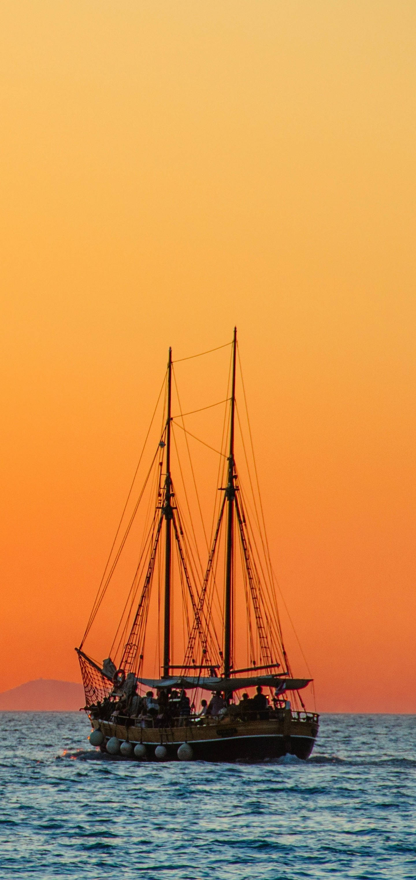 S10, sailboat, orange sky, 2K Phone Wallpaper
