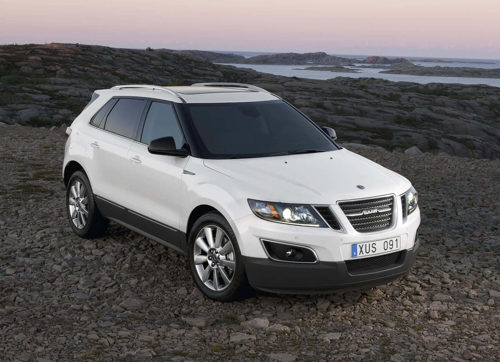 Saab 9-4x, white, rocky coastal terrain, HD Desktop Wallpaper
