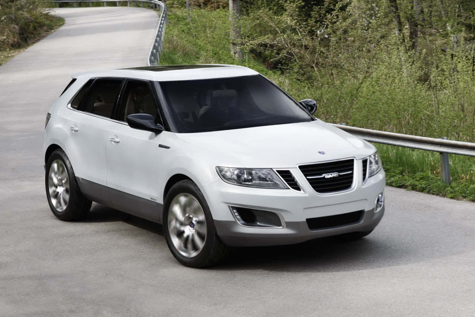 Saab 9-4x, white, forest road, HD Desktop Wallpaper