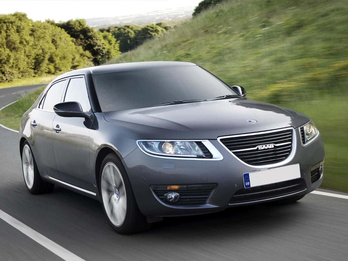 Saab 9-5, sleek silver, winding road, SD Desktop Wallpaper