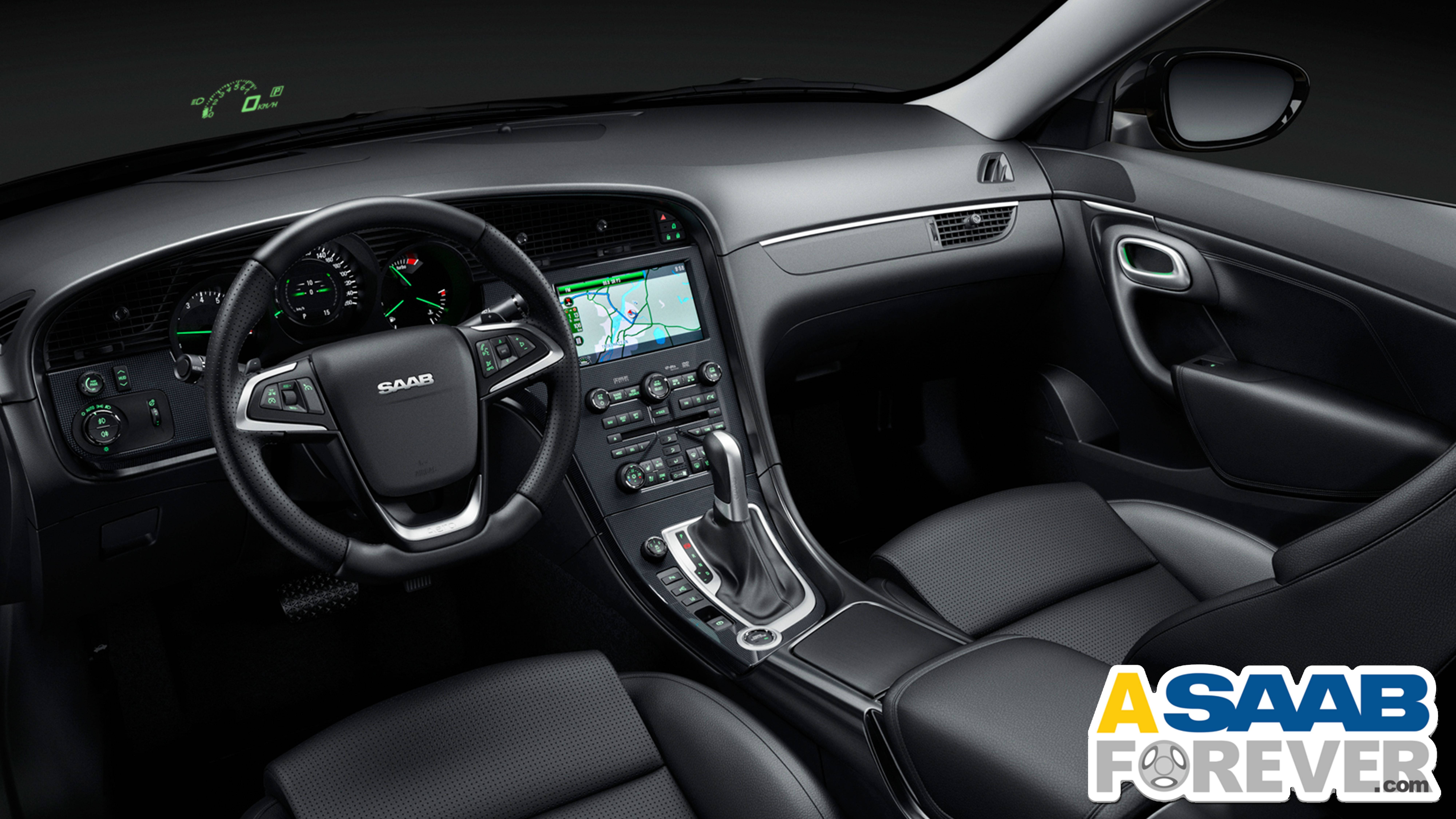 2011 Saab 9-5, black leather seats, glowing green dashboard controls, 8K Desktop Wallpaper