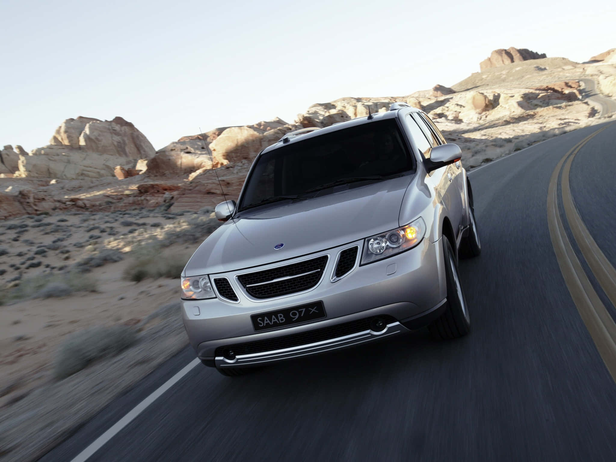 Saab 9-7x, silver, desert road, Full HD Desktop Wallpaper