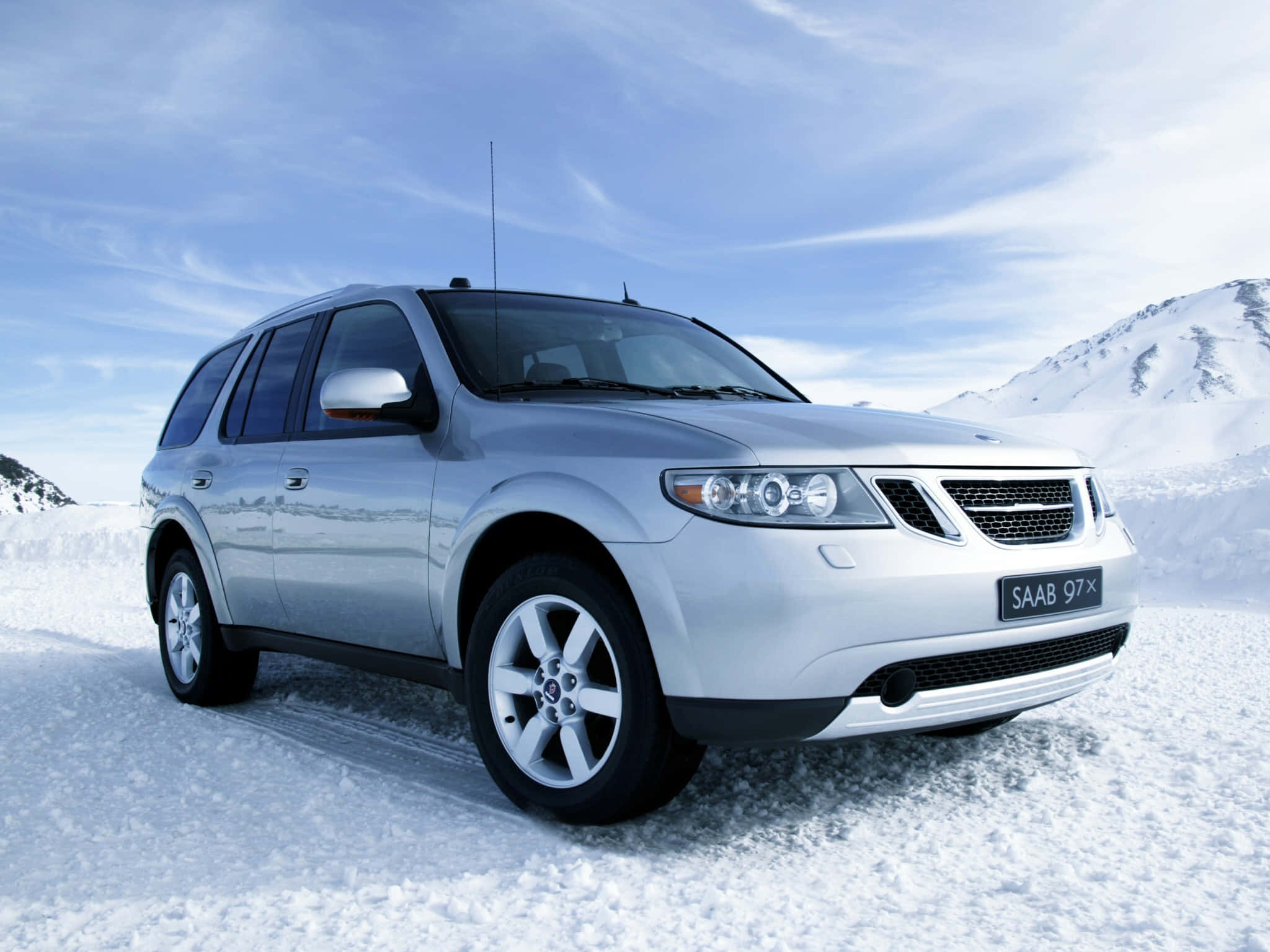 Saab 9-7x, silver, snowy mountain road, Full HD Desktop Wallpaper