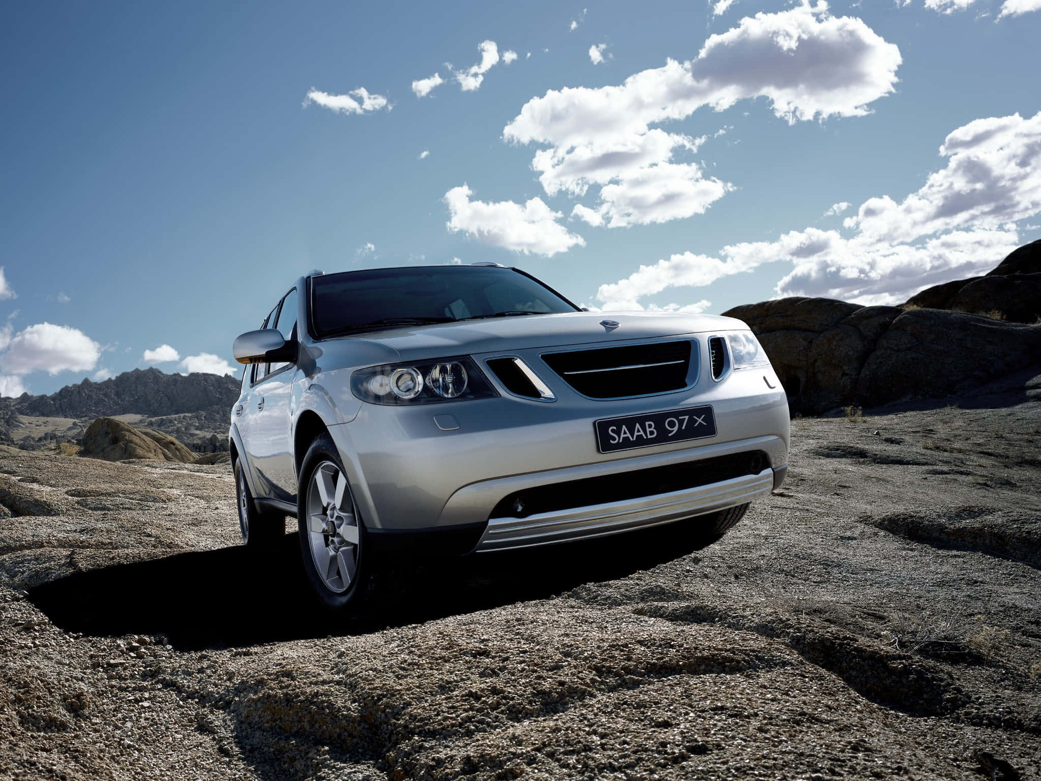 Saab 9-7X, silver, rocky terrain, Full HD Desktop Wallpaper