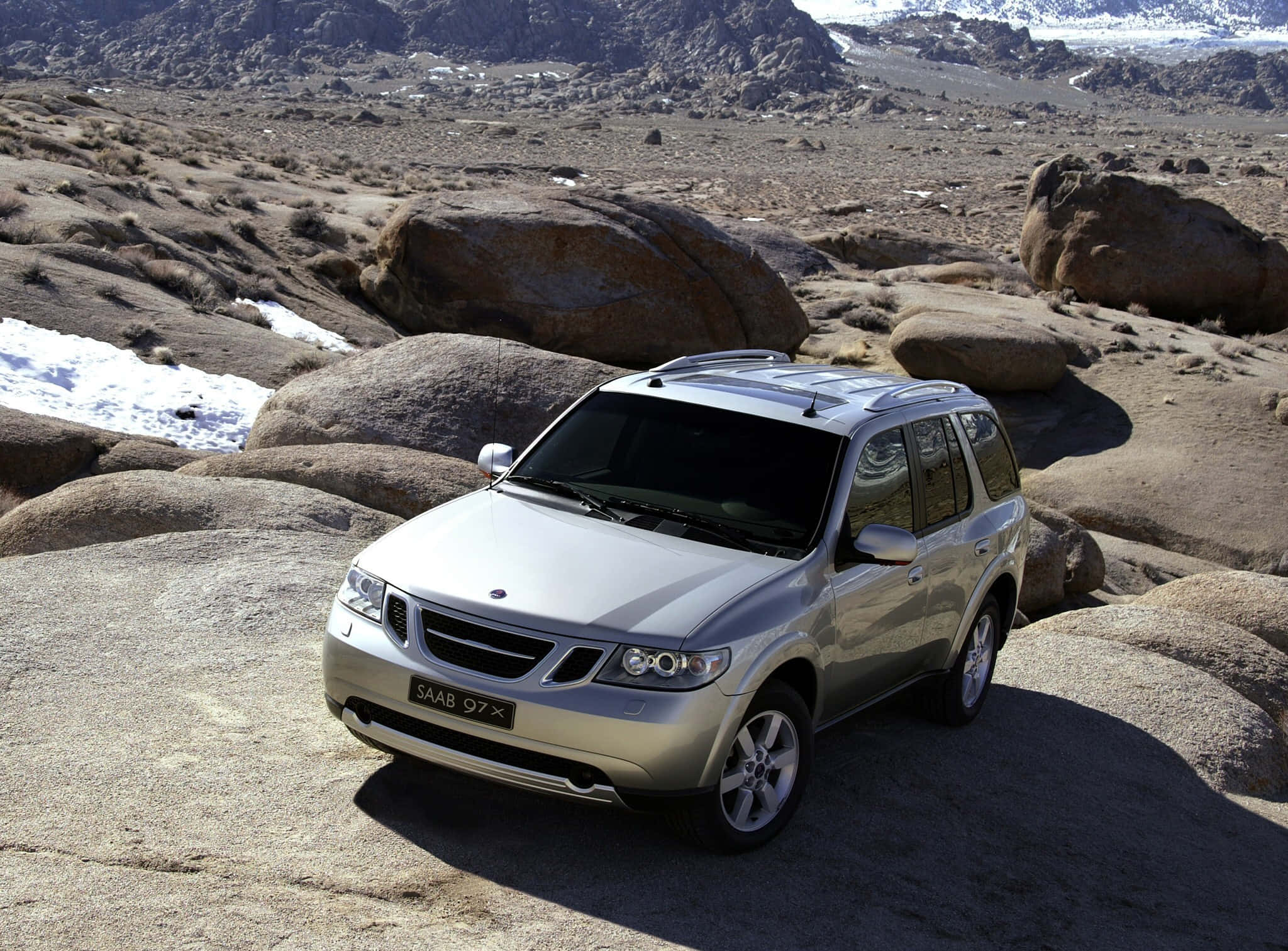 Saab 9-7x, silver, rocky terrain, Full HD Desktop Wallpaper