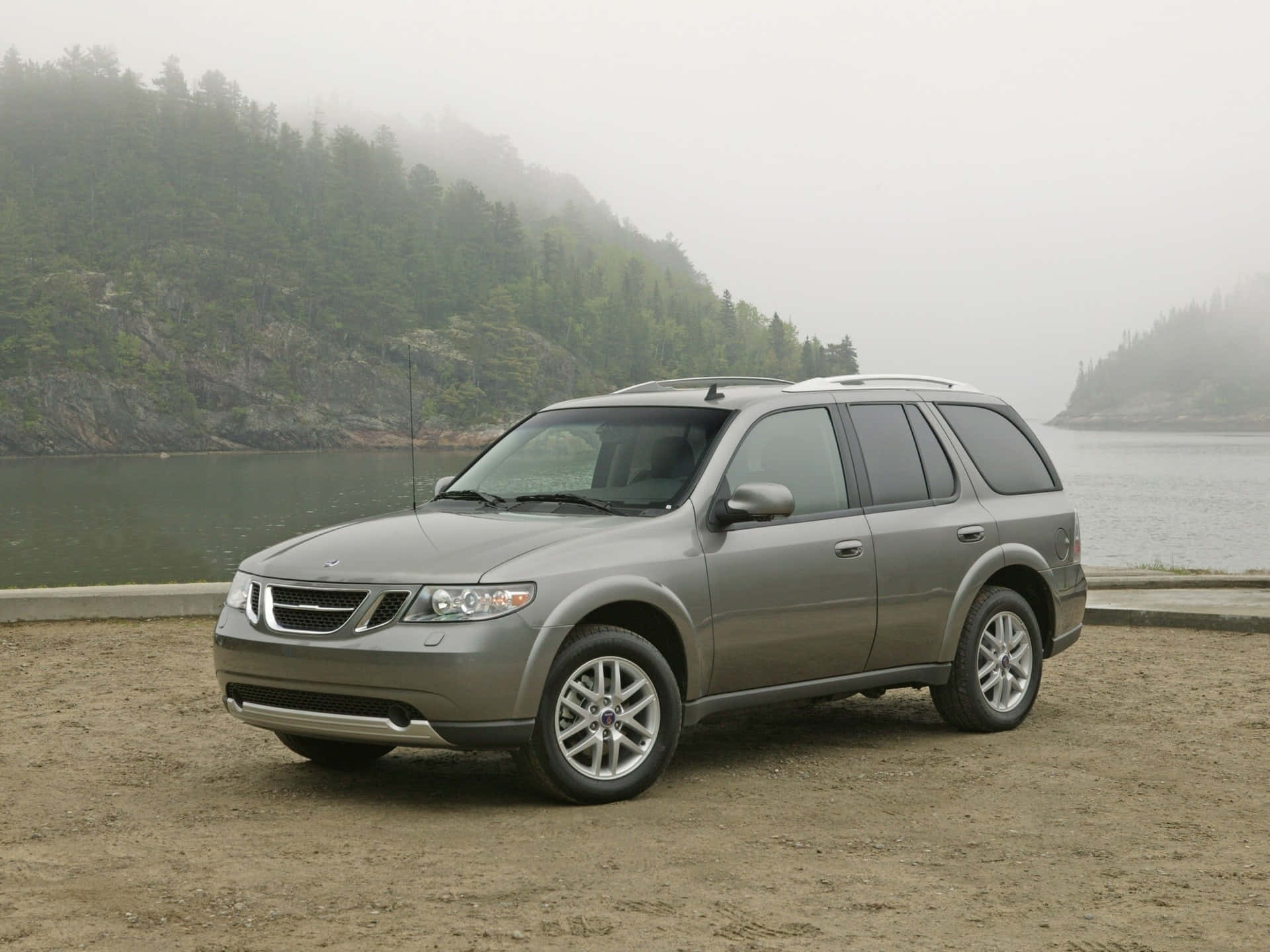 Saab 9-7x, silver, misty lakeshore, Full HD Desktop Wallpaper