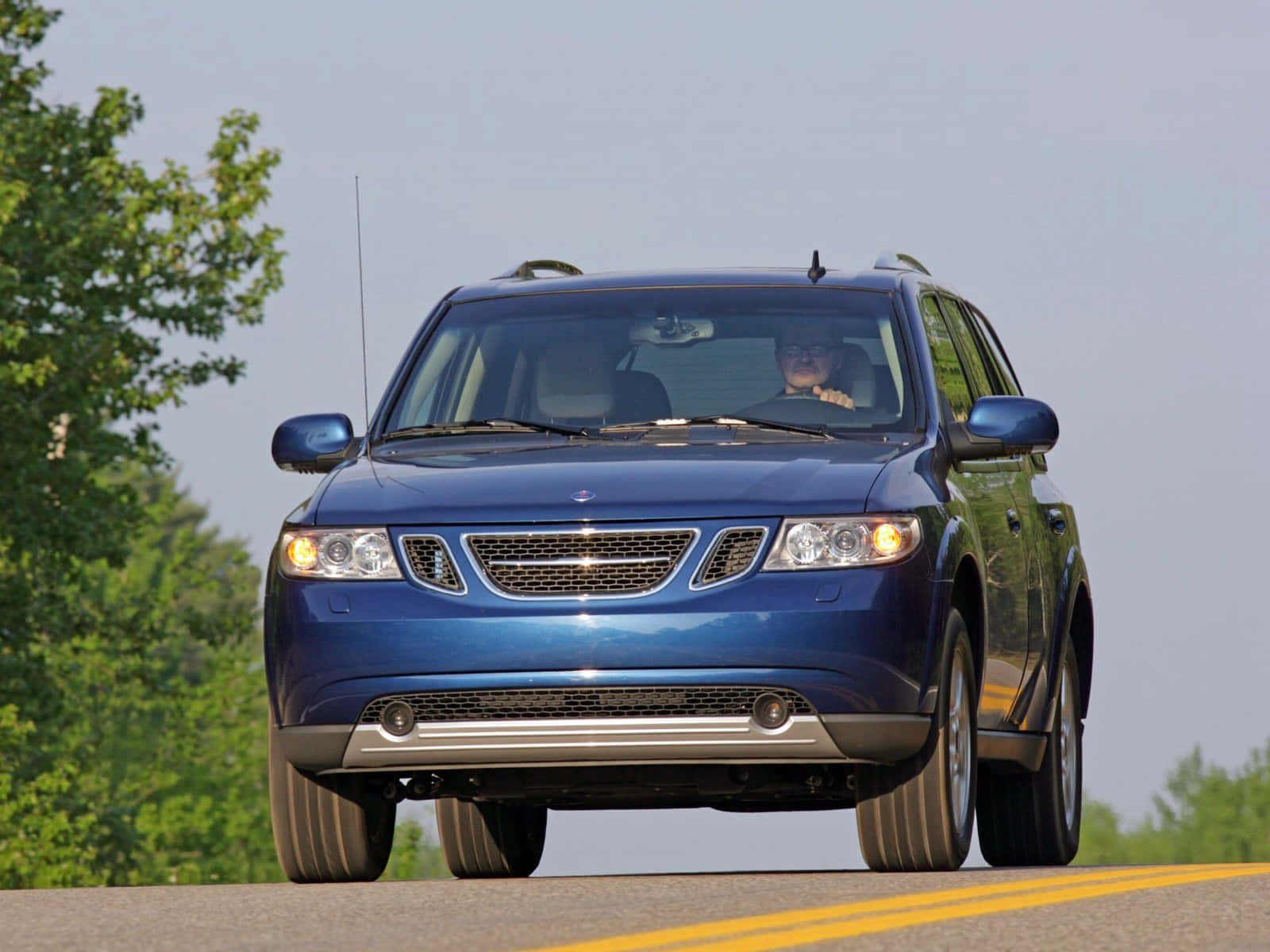 Saab 9-7x, blue, tree-lined road, HD Desktop Wallpaper