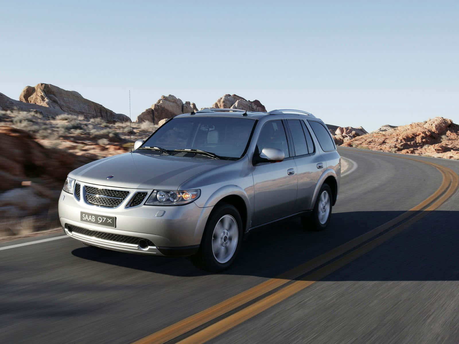 Saab 9-7x, silver, desert road, HD Desktop Wallpaper
