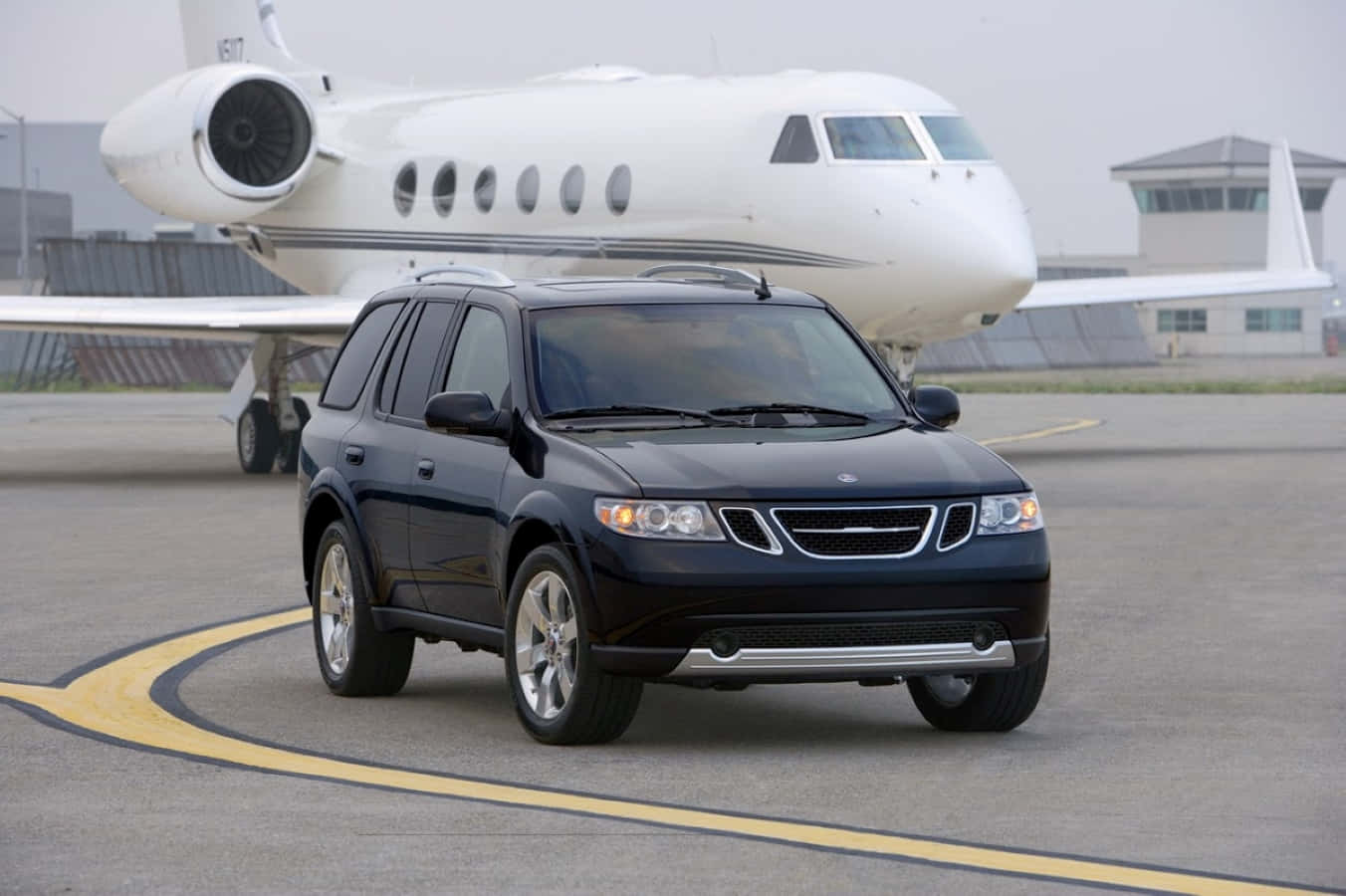 Saab 9-7x, black, airport tarmac, HD Desktop Wallpaper