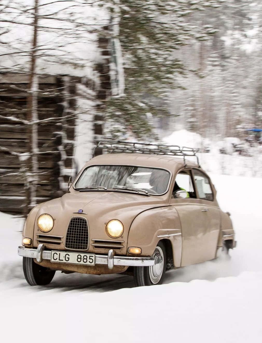 Saab 96, beige, snowy forest, HD Phone Wallpaper