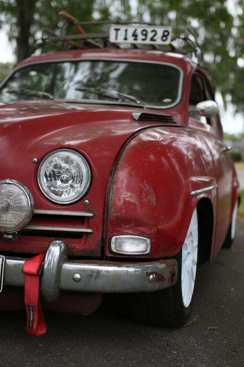 Saab 96, red, chrome accents, SD Phone Wallpaper