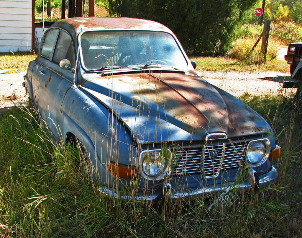Saab 96, rusty blue, abandoned, SD Desktop Wallpaper