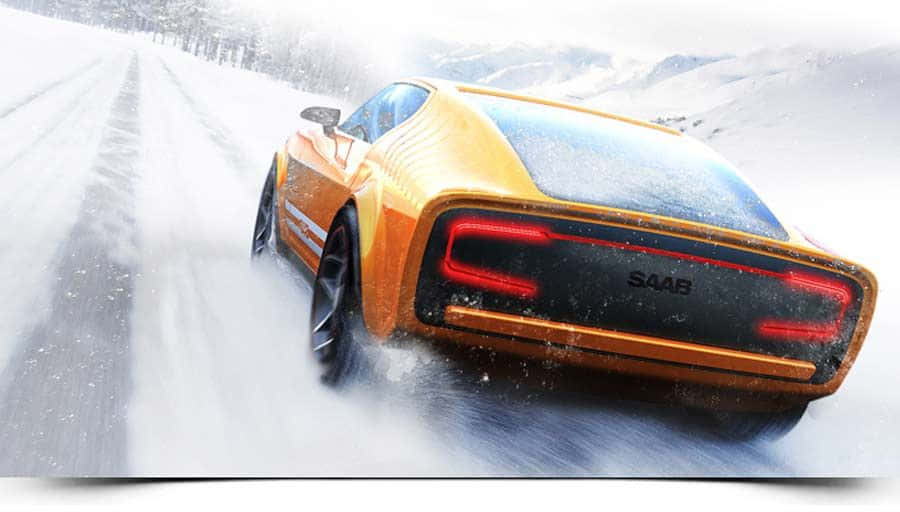 Saab Sonett, vibrant orange, snowy mountain pass, SD Desktop Wallpaper