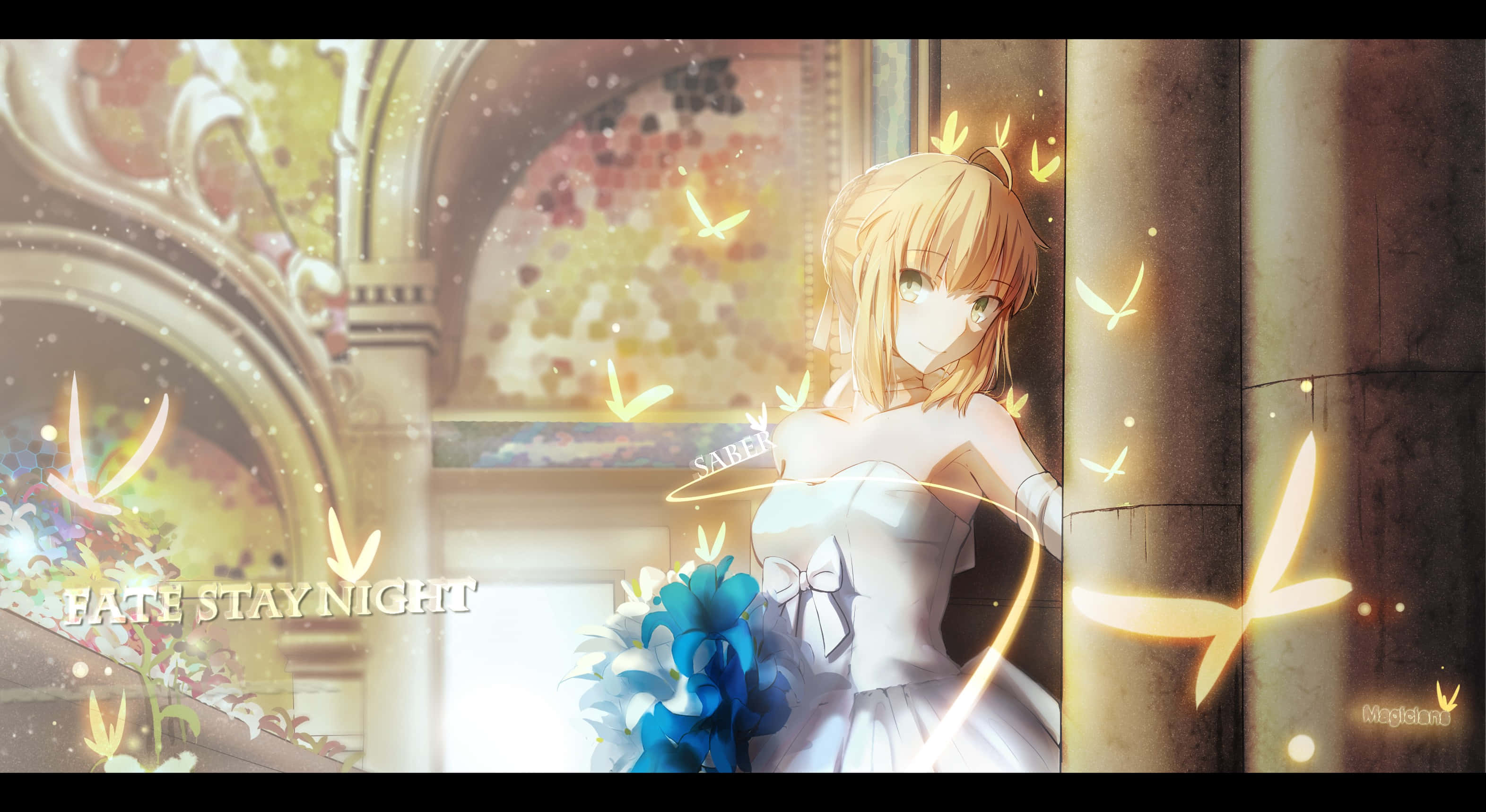 Saber Fate Stay Night With Blue Flowers, 2K Desktop Wallpaper