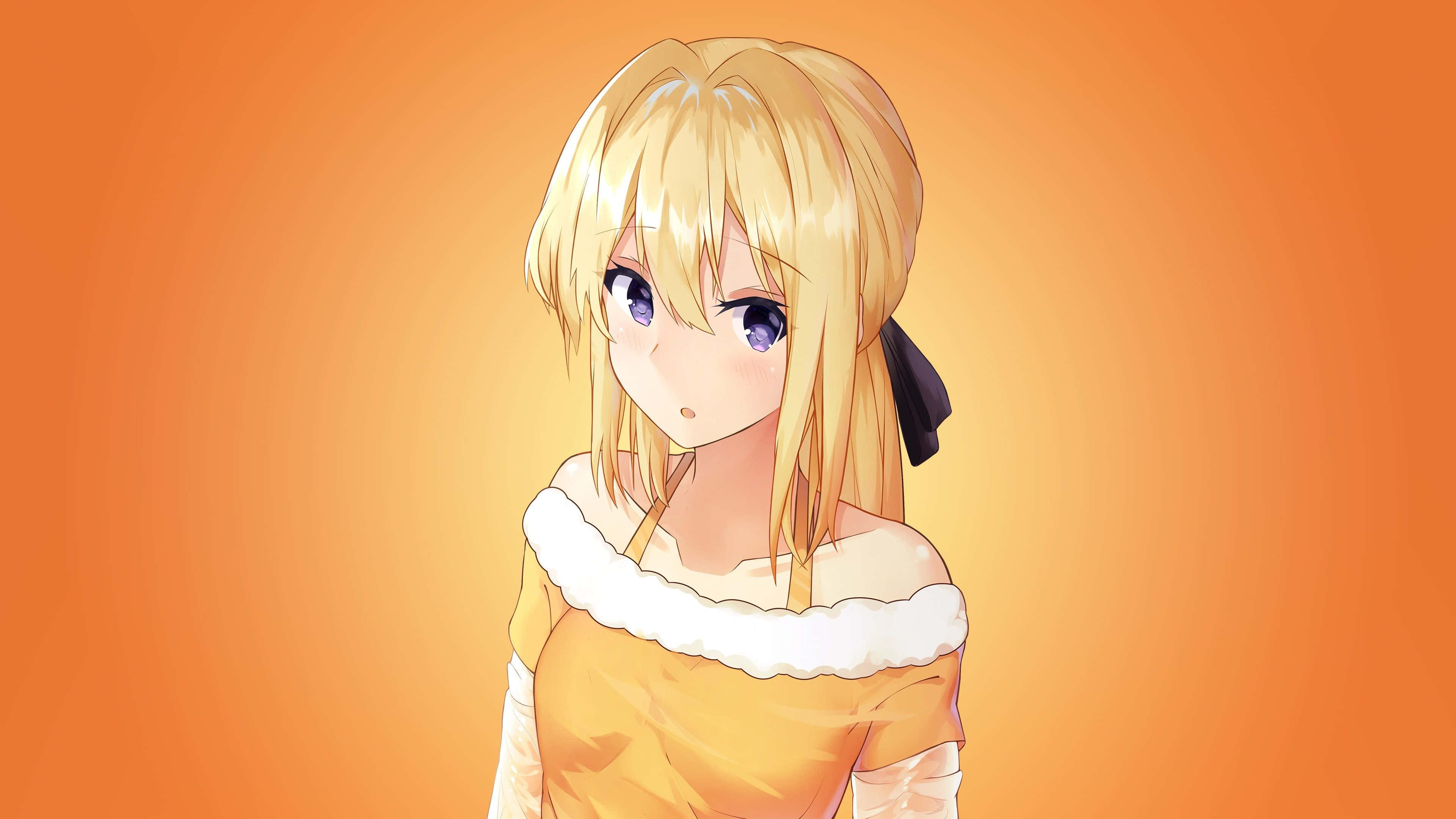 A blonde anime girl with purple eyes and a black bow wears an orange dress with white trim against a warm gradient background., 4K Desktop Wallpaper