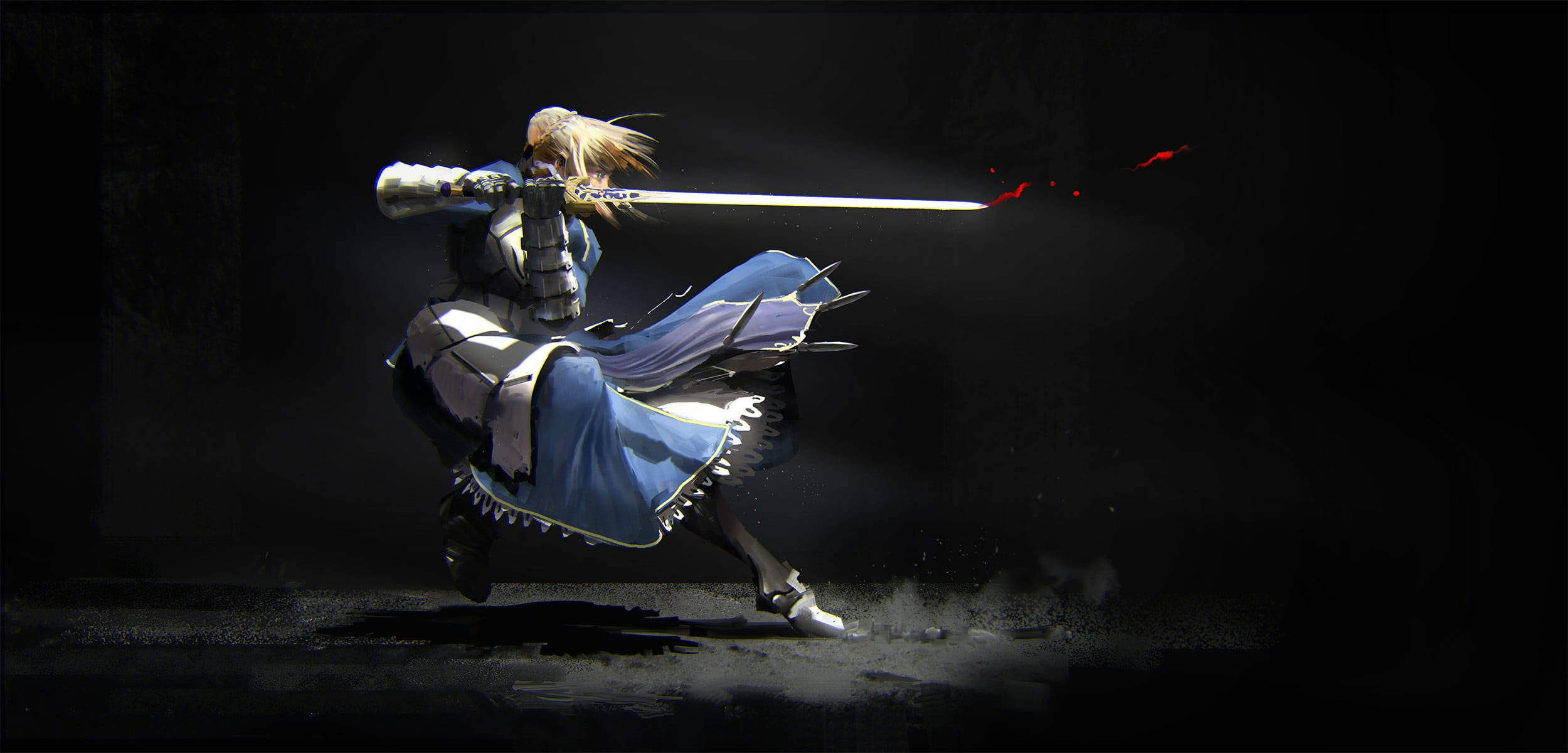 A warrior in blue armor and flowing cape slashes with a glowing sword against a dark backdrop with red sparks flying., Full HD Desktop Wallpaper