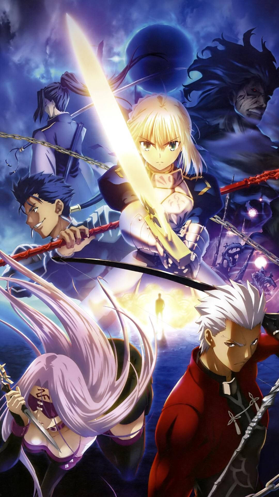 Anime characters clash in a dramatic battle under a stormy sky with glowing swords and intense expressions., Full HD Phone Wallpaper