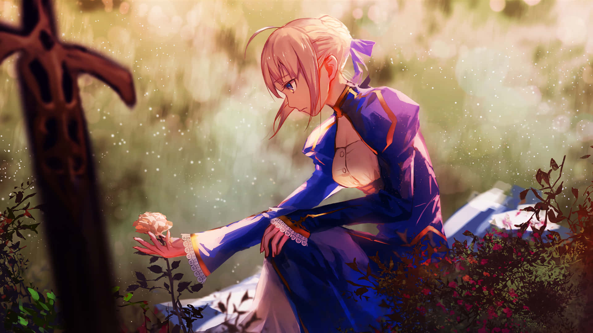 Saber Fate Stay Night Holding Flower, Full HD Desktop Wallpaper