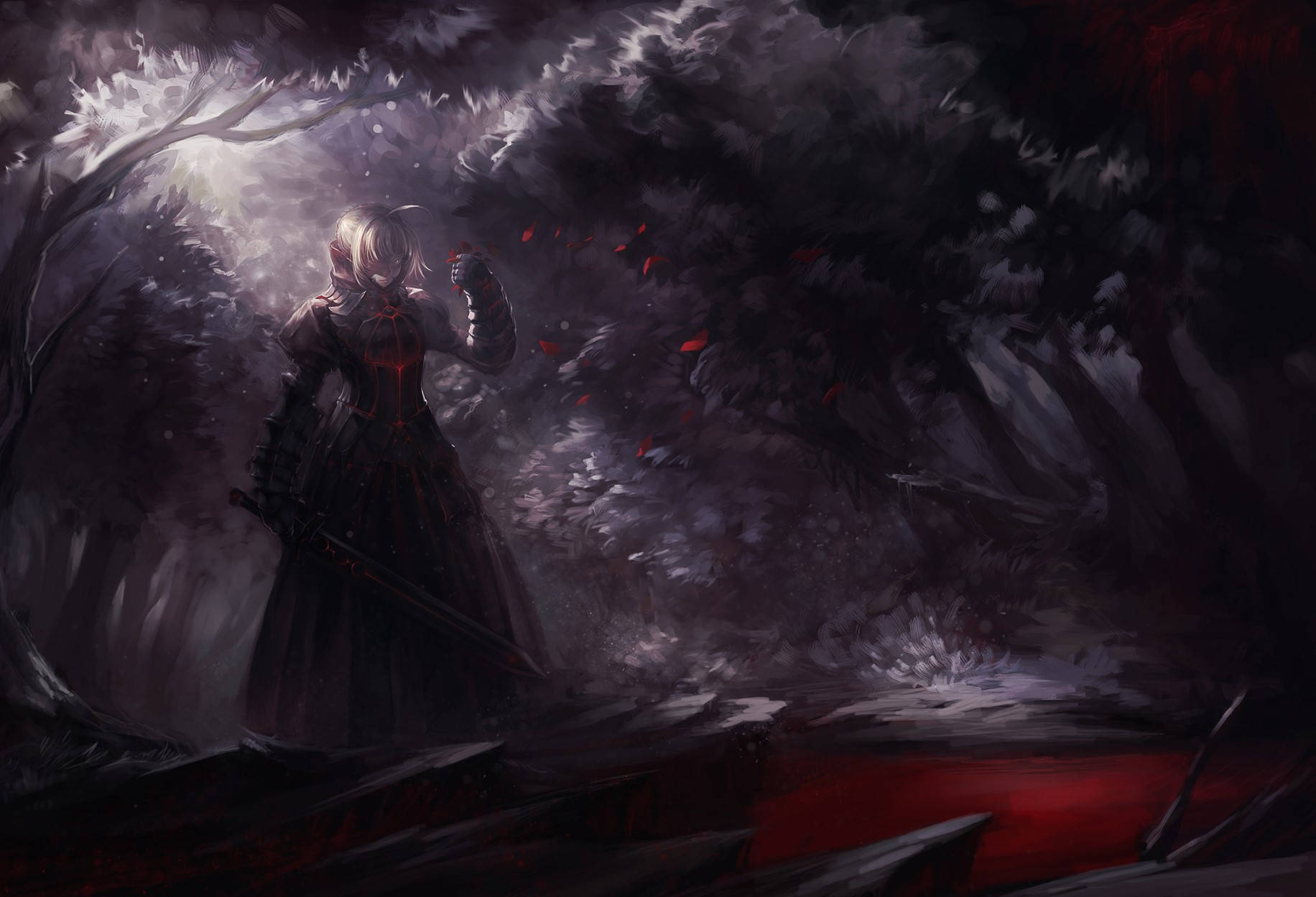 A lone armored warrior stands in a dark forest, glowing red particles swirling around her as eerie light pierces through the trees., HD Desktop Wallpaper