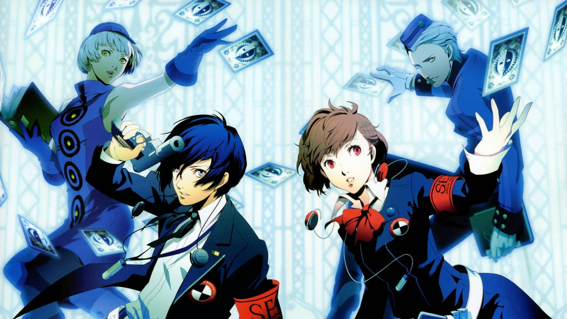 Three anime characters in blue uniforms wield guns and cards against a patterned backdrop with floating cards., Full HD Desktop Wallpaper