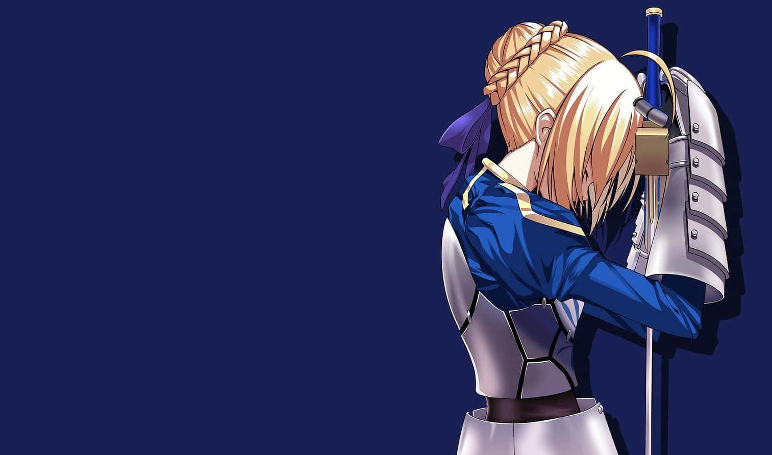 A blonde anime knight in blue and silver armor leans head down against a sword against a deep blue background., HD Desktop Wallpaper