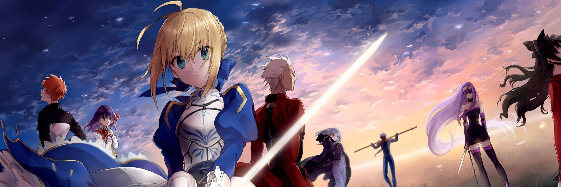 Anime characters stand heroically against a vibrant twilight sky with glowing swords and dynamic poses., Full HD Desktop Wallpaper