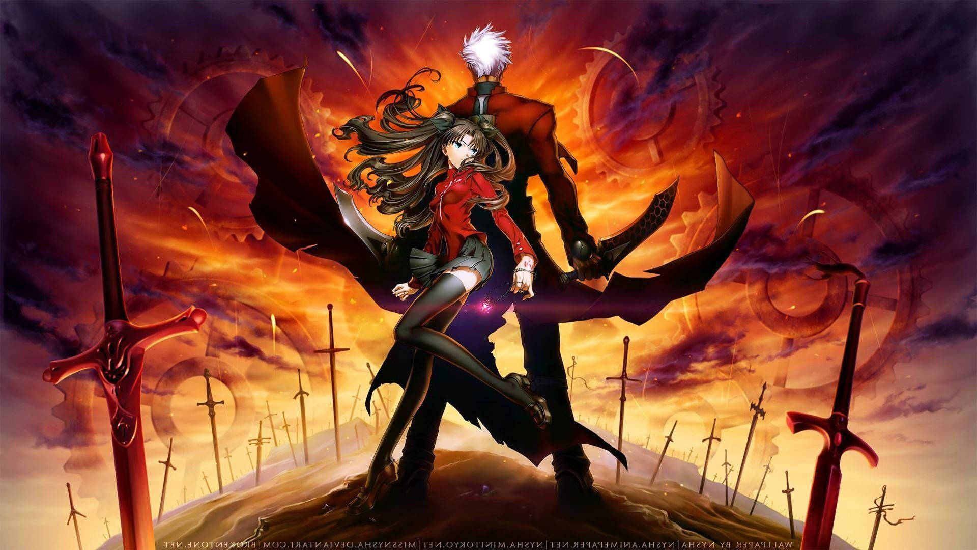 A fiery anime warrior with white hair and red cape stands defiantly atop a field of swords under a stormy sunset sky., Full HD Desktop Wallpaper