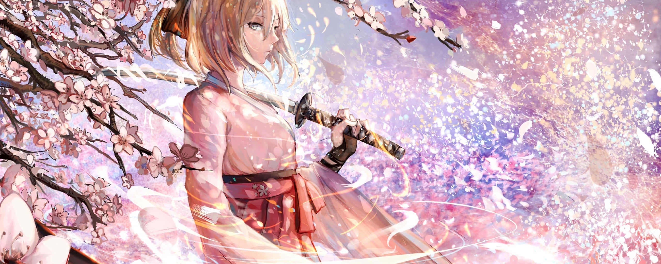 A blonde anime girl in a pink kimono holds a katana beneath falling cherry blossoms against a glowing purple sky., 2K Desktop Wallpaper