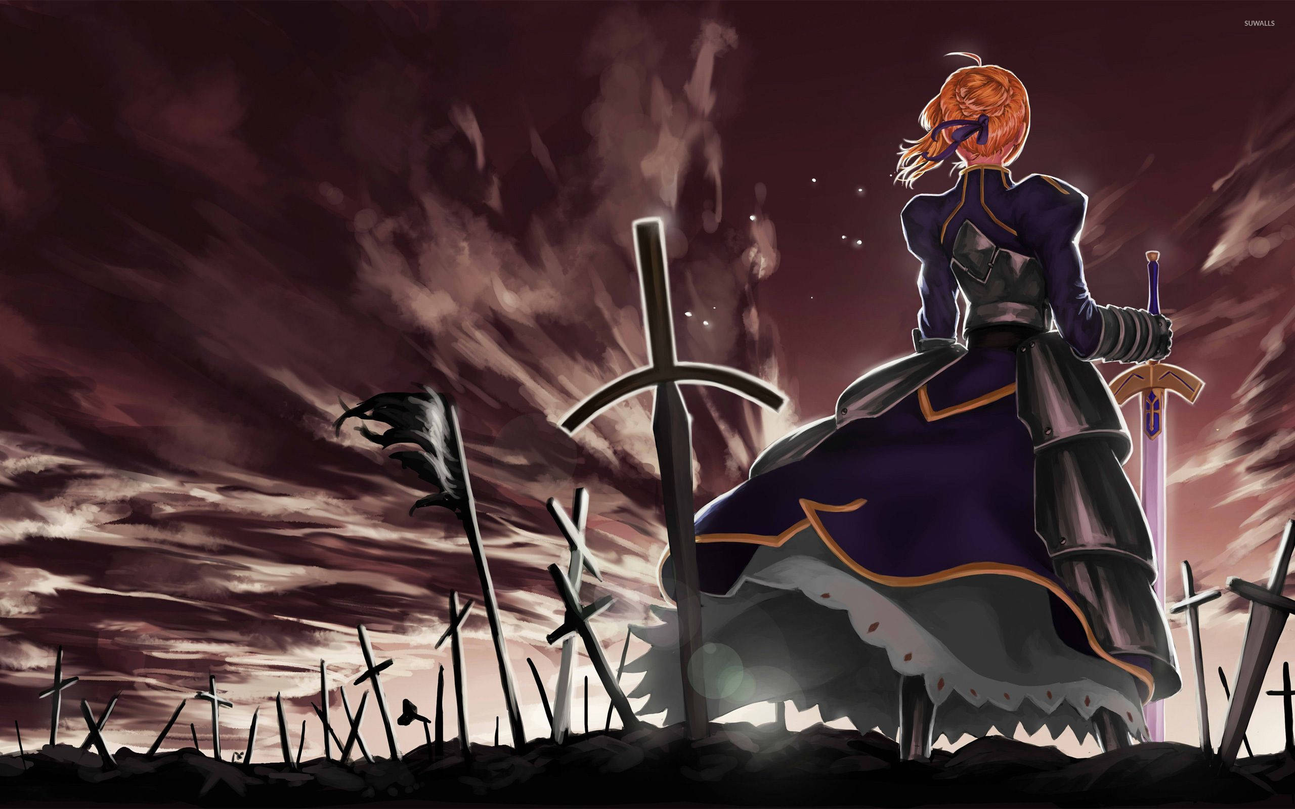 A lone anime warrior in purple armor stands amid a field of broken crosses under a stormy crimson sky., 2K Desktop Wallpaper