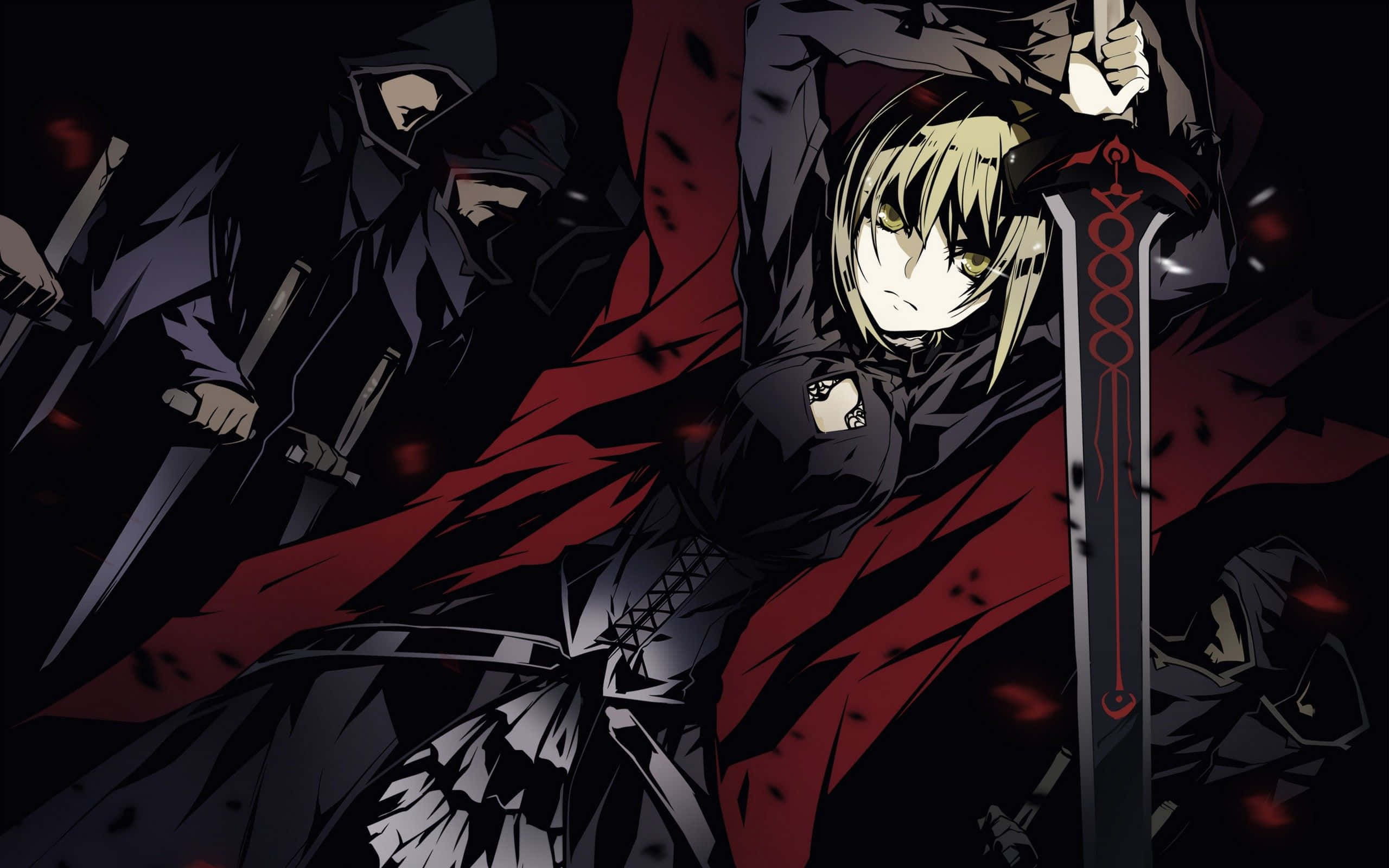 A blonde anime warrior in a red cloak wields a sword while hooded enemies advance in a dark, blood-splattered battle scene., 2K Desktop Wallpaper