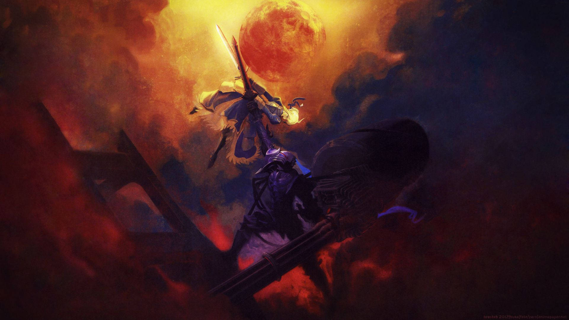 A warrior in dark armor leaps with a glowing sword against a fiery sky with a massive red sun., Full HD Desktop Wallpaper