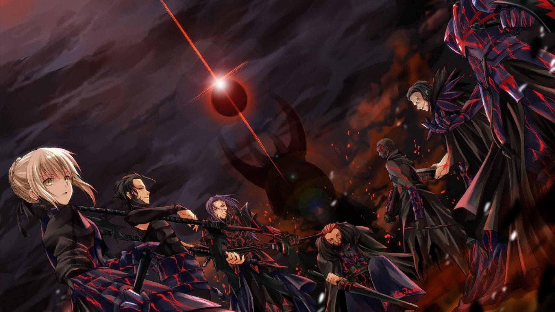 Anime warriors in dark red and black gear clash under a blood-red moon with fiery sparks flying., Full HD Desktop Wallpaper