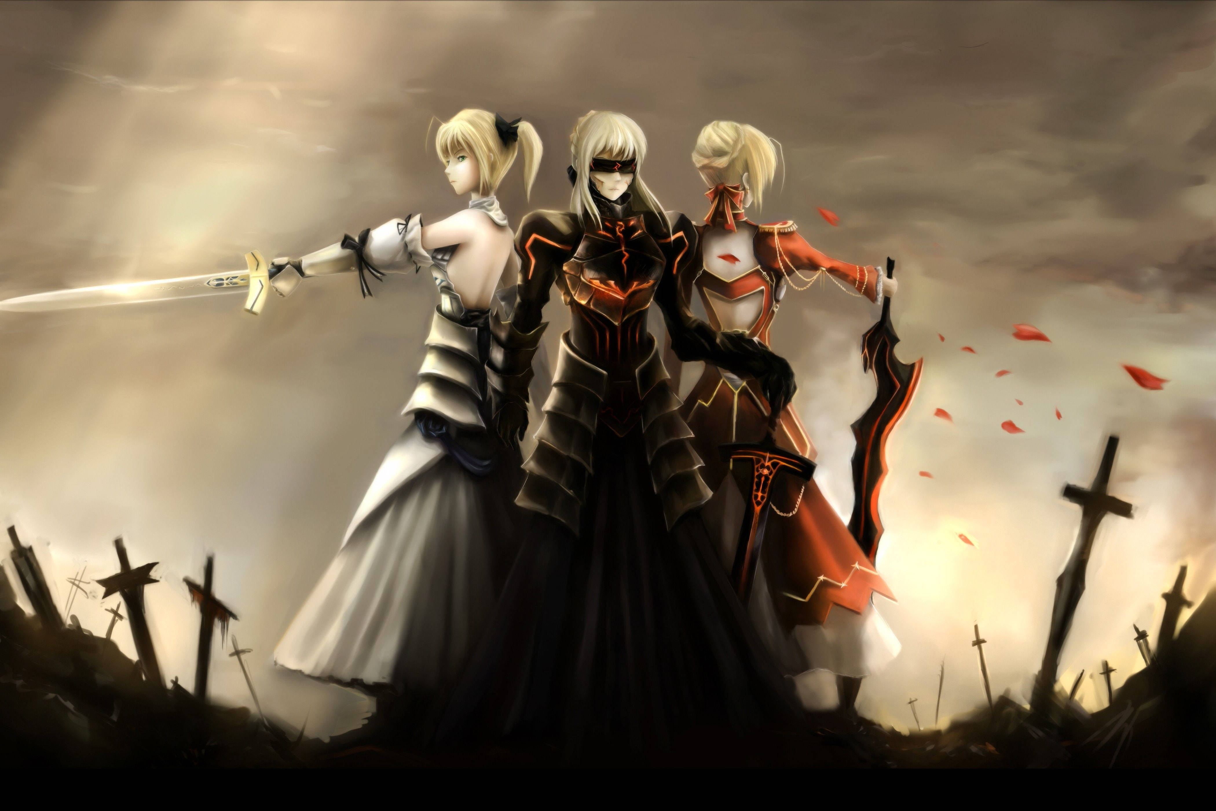 Three anime warriors stand poised with weapons amidst a battlefield of broken crosses under a stormy sky., 4K Desktop Wallpaper
