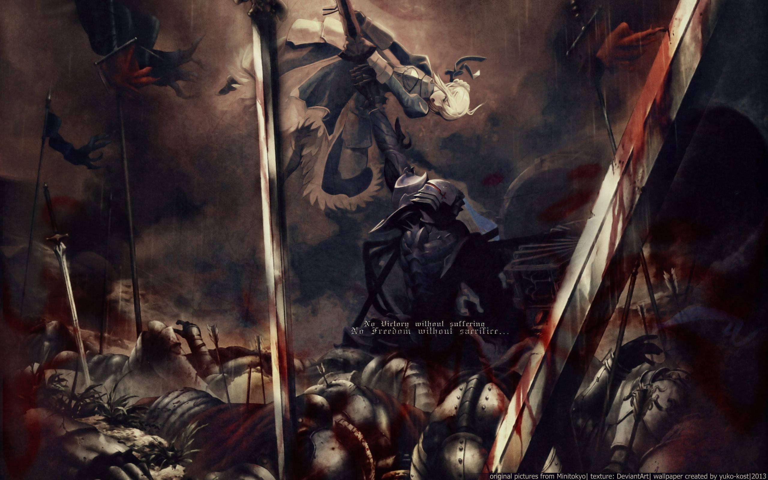 A dark fantasy battle scene with armored warriors and a fallen knight amidst bloodied swords and smoke., 2K Desktop Wallpaper