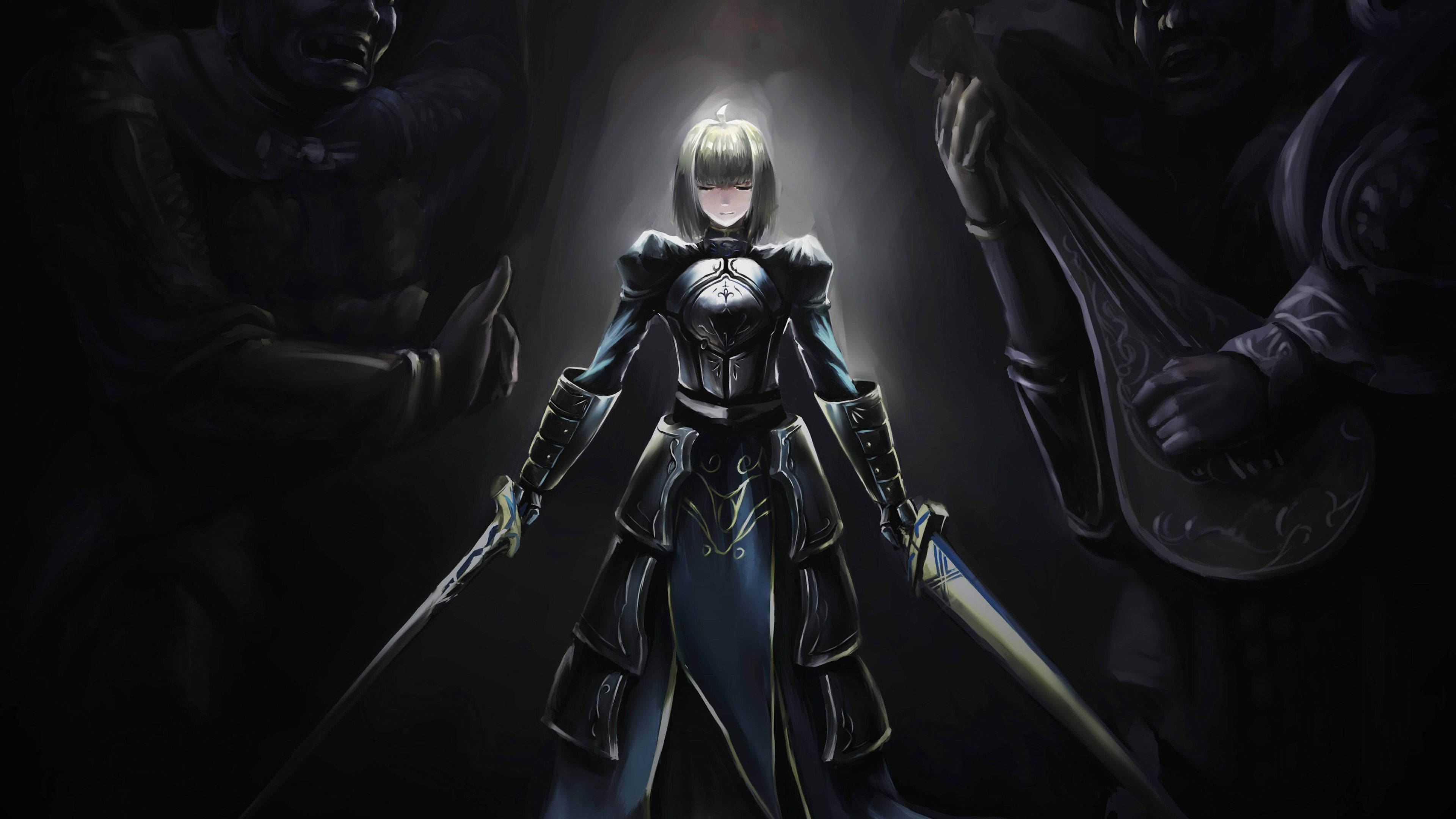 A lone armored warrior stands defiantly in a dark chamber, swords drawn, as shadowy figures loom menacingly in the gloom., 4K Desktop Wallpaper