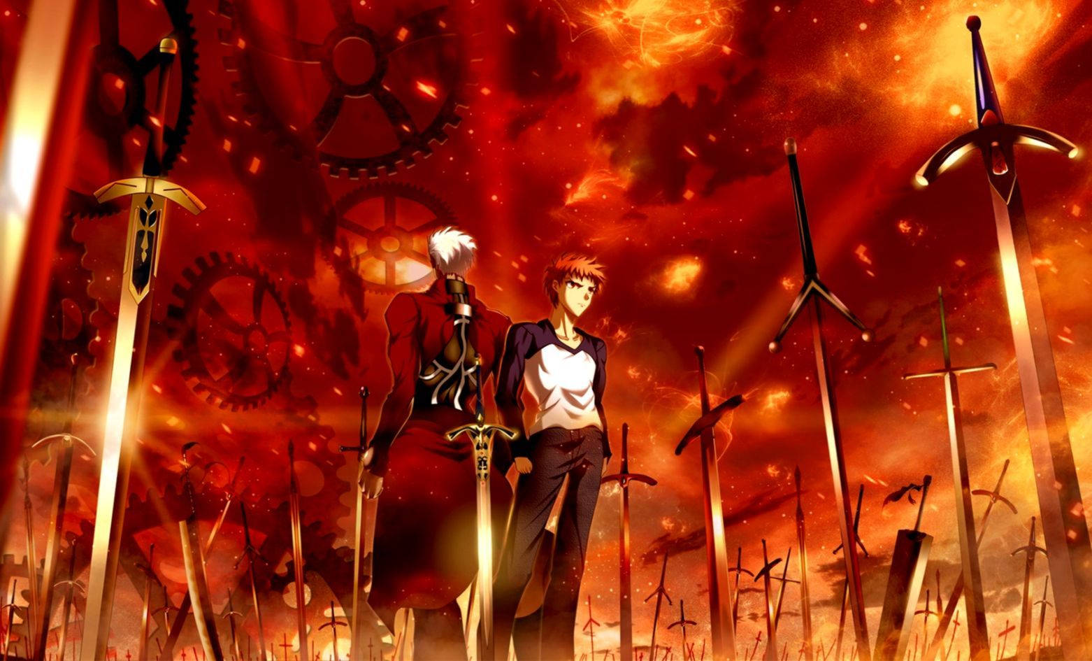 Two anime characters stand amidst a field of glowing swords under a fiery red sky with floating gears., HD Desktop Wallpaper