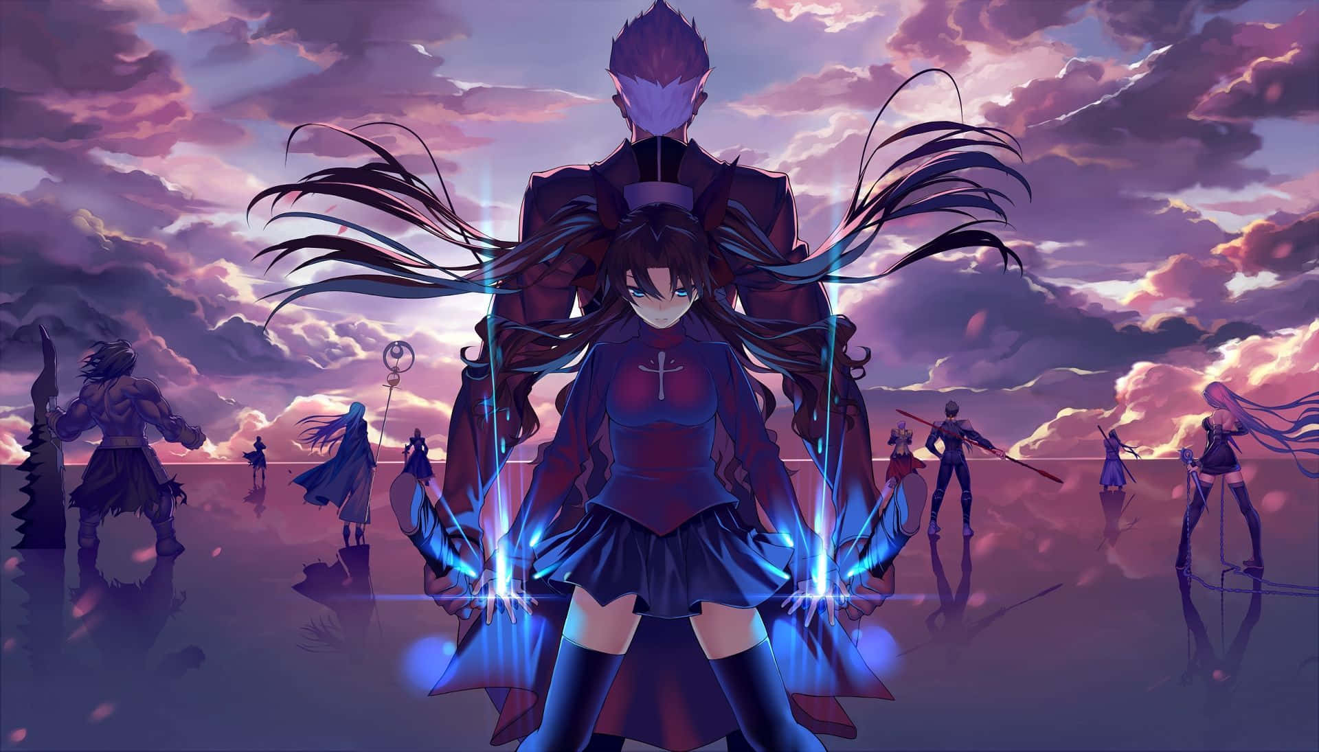 A dark-haired anime girl wields glowing blue swords under a purple twilight sky with shadowy figures standing in a reflective field., Full HD Desktop Wallpaper