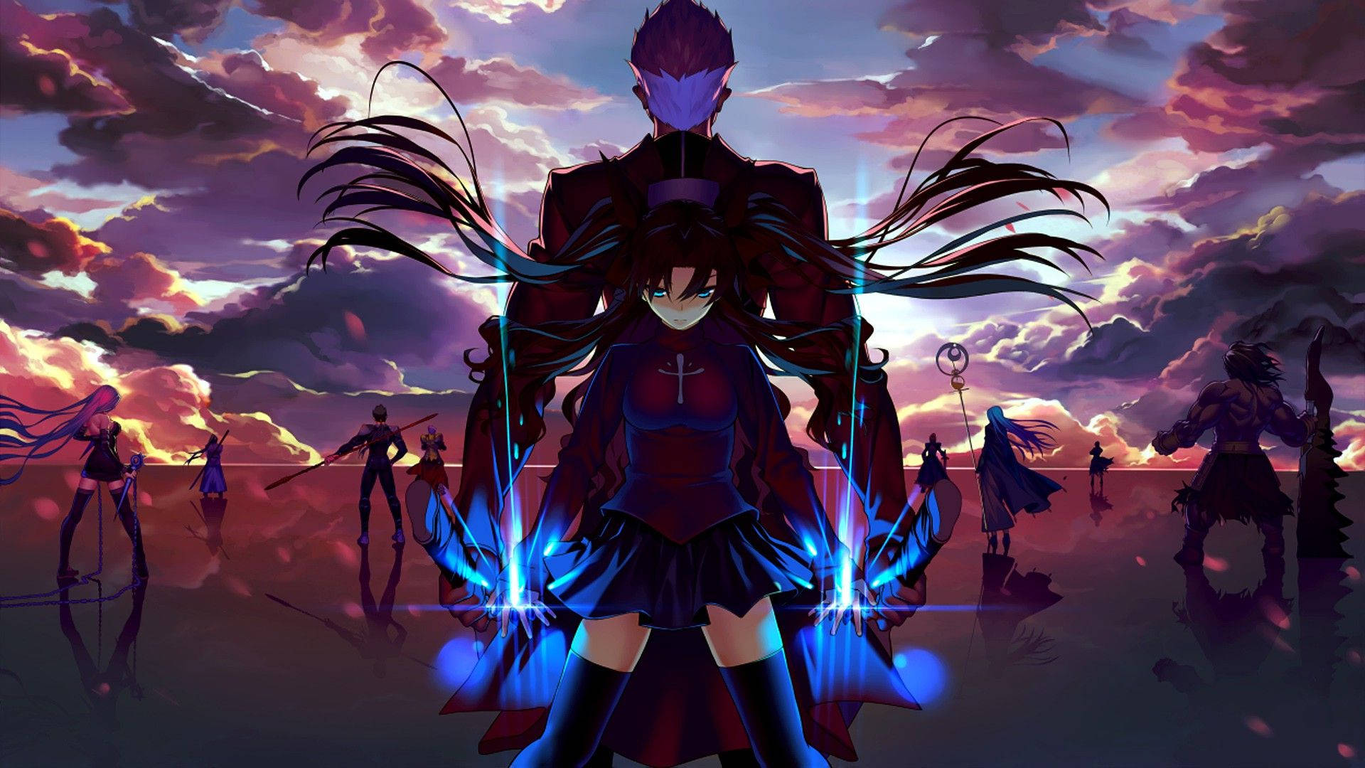 Anime characters stand in a dramatic sunset battlefield with glowing blue energy weapons and swirling purple clouds., Full HD Desktop Wallpaper