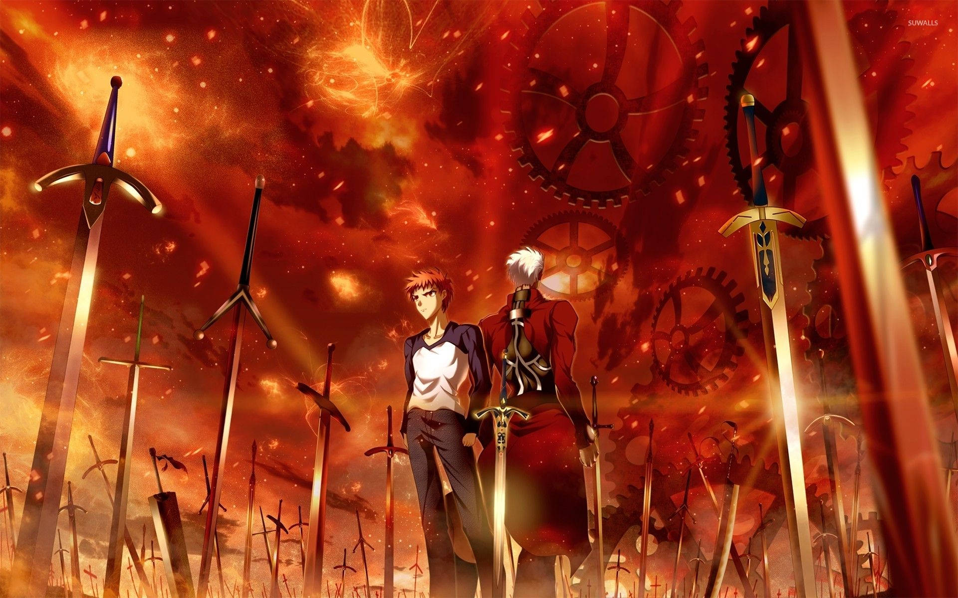 Two anime warriors stand amidst a field of glowing swords under a fiery red sky with floating gears., Full HD Desktop Wallpaper