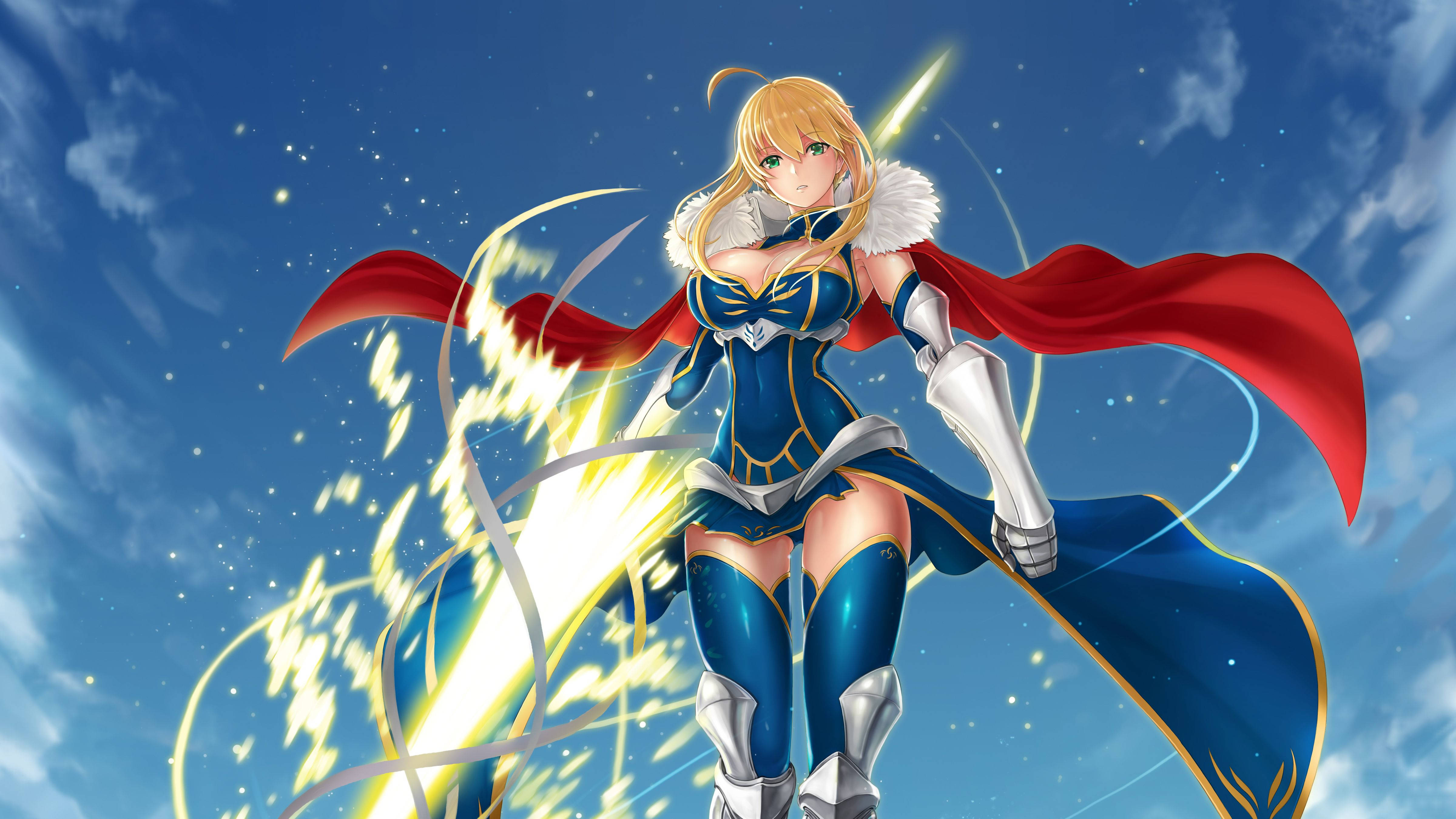 A blonde anime heroine in blue armor and red cape stands heroically against a starry sky with glowing energy trails., 4K Desktop Wallpaper