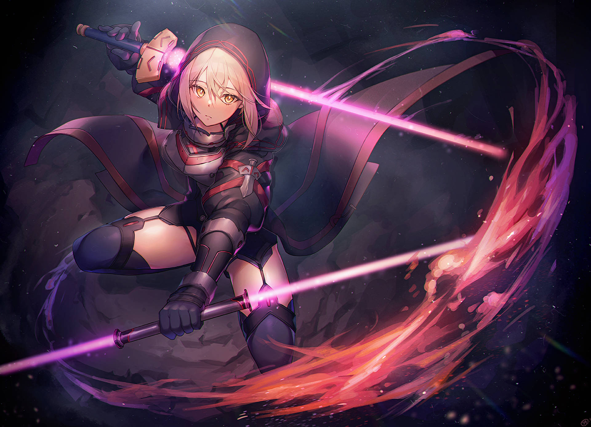 A determined anime girl in dark armor wields a glowing sword amidst swirling pink and orange energy in a cosmic void., Full HD Desktop Wallpaper